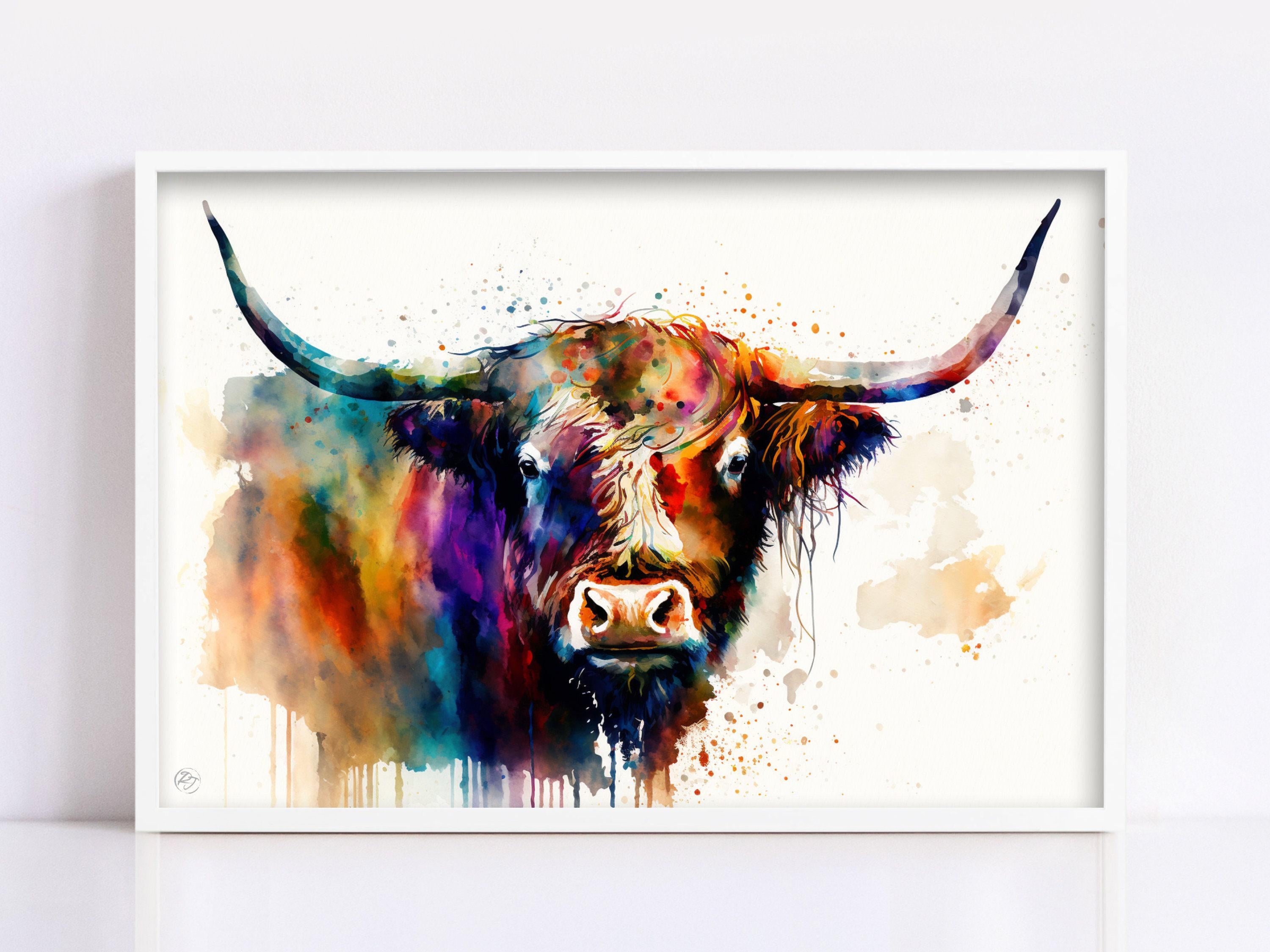 Highland Cow Portrait: Watercolor Highland Cattle Art, Giclee Canvas Print, Artist Paper, Watercolor Paper, Available in Extra Large Sizes