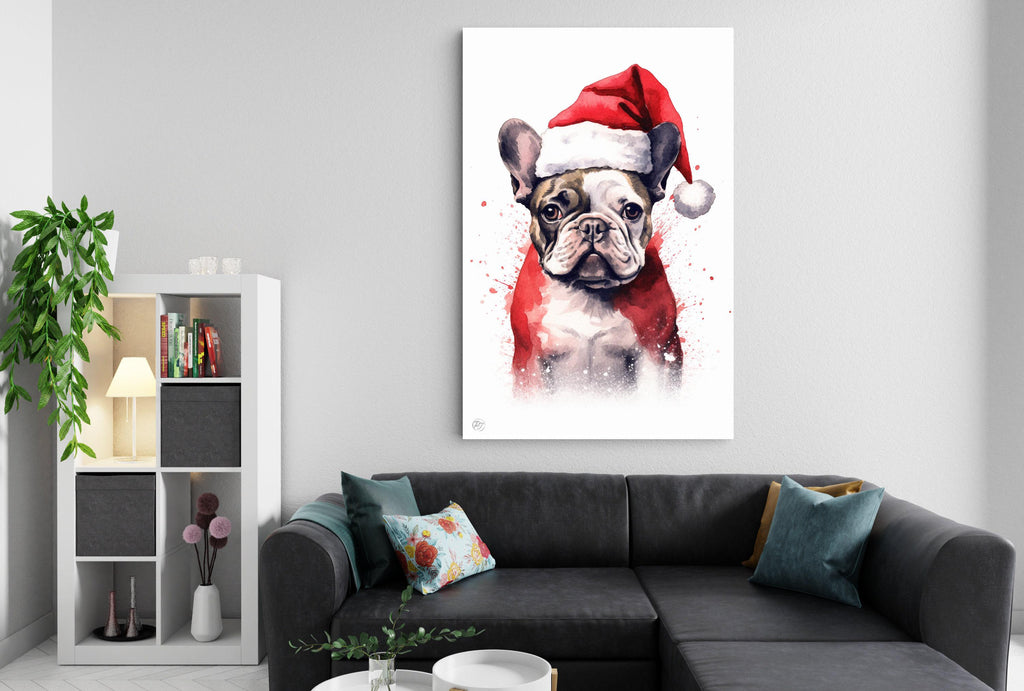 Christmas French Bulldog - Watercolor Frenchie Art, Giclee Print on Canvas, Artist Paper, Watercolor Paper, Available in Extra Large Sizes