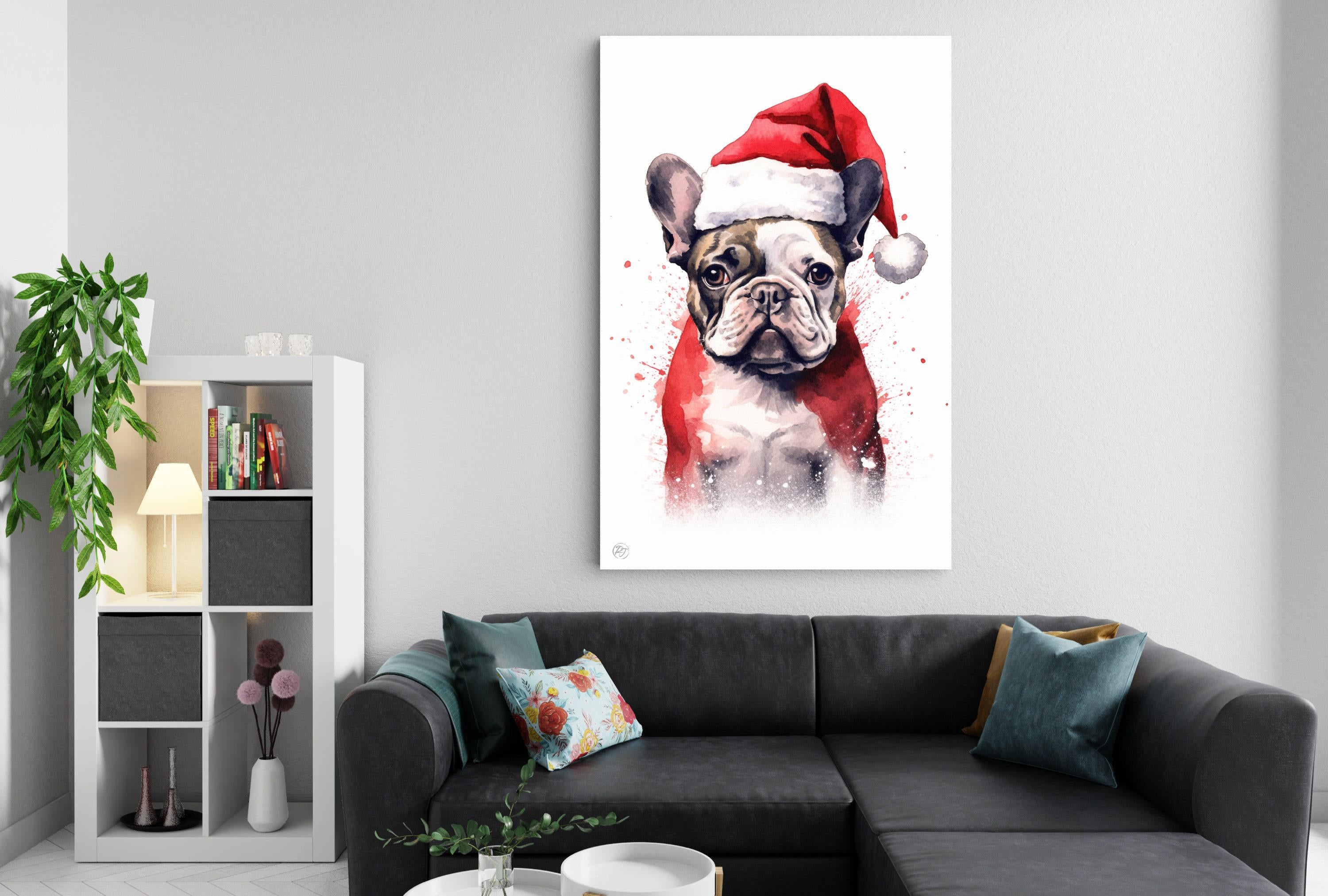 Christmas French Bulldog - Watercolor Frenchie Art, Giclee Print on Canvas, Artist Paper, Watercolor Paper, Available in Extra Large Sizes