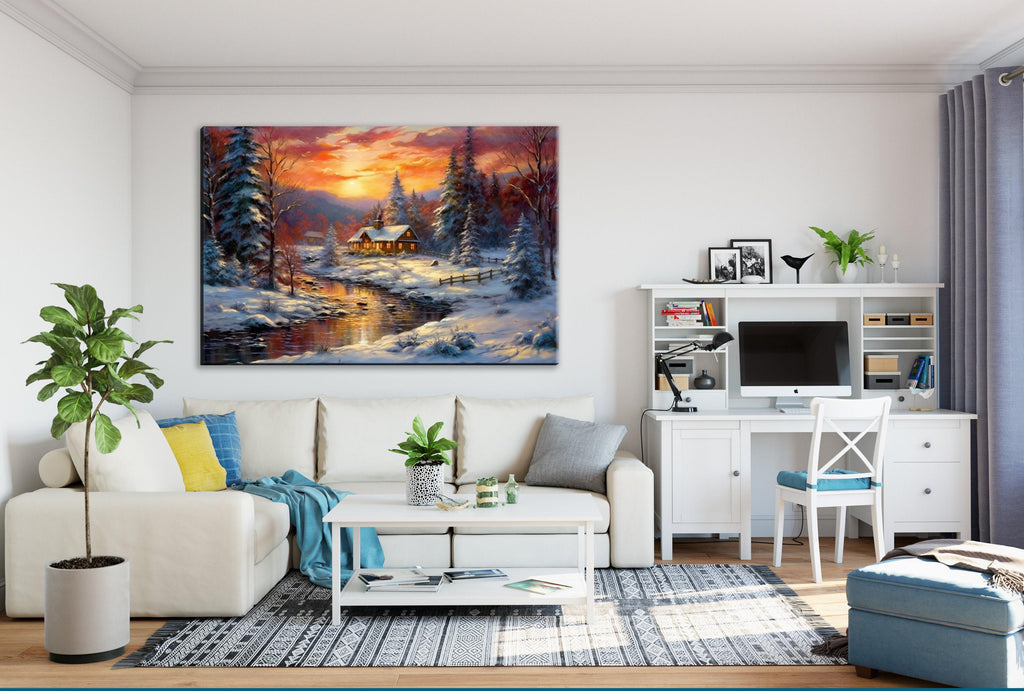 Winter Cabin Canvas | Vintage Oil Painting Rustic Winter Landscape Art - Gallery Wrapped