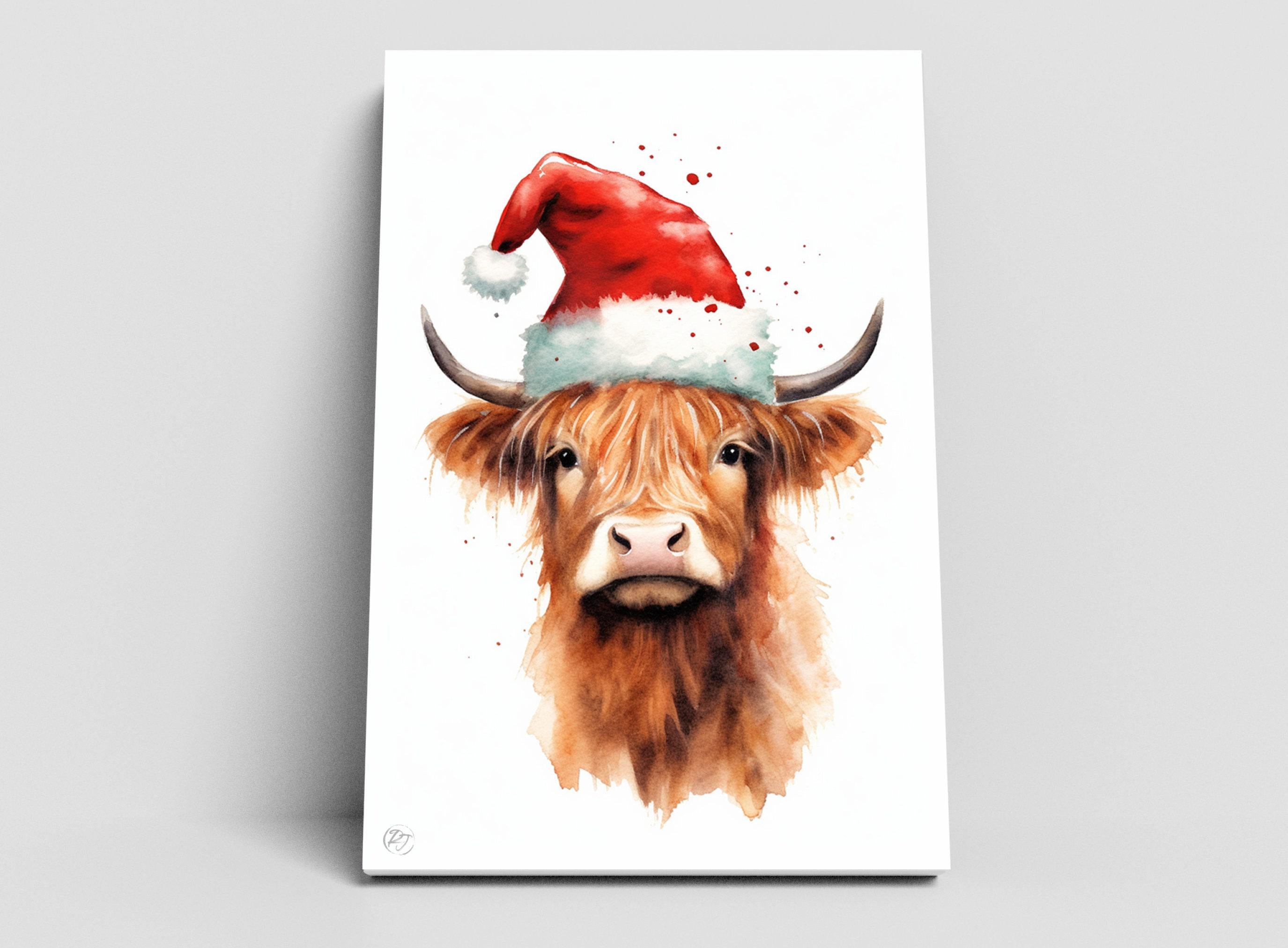 Cute Baby Highland Cow in Santa Hat Watercolor Art, Giclee Print on Canvas, Artist Paper, Watercolor Paper, Available in Extra Large Sizes