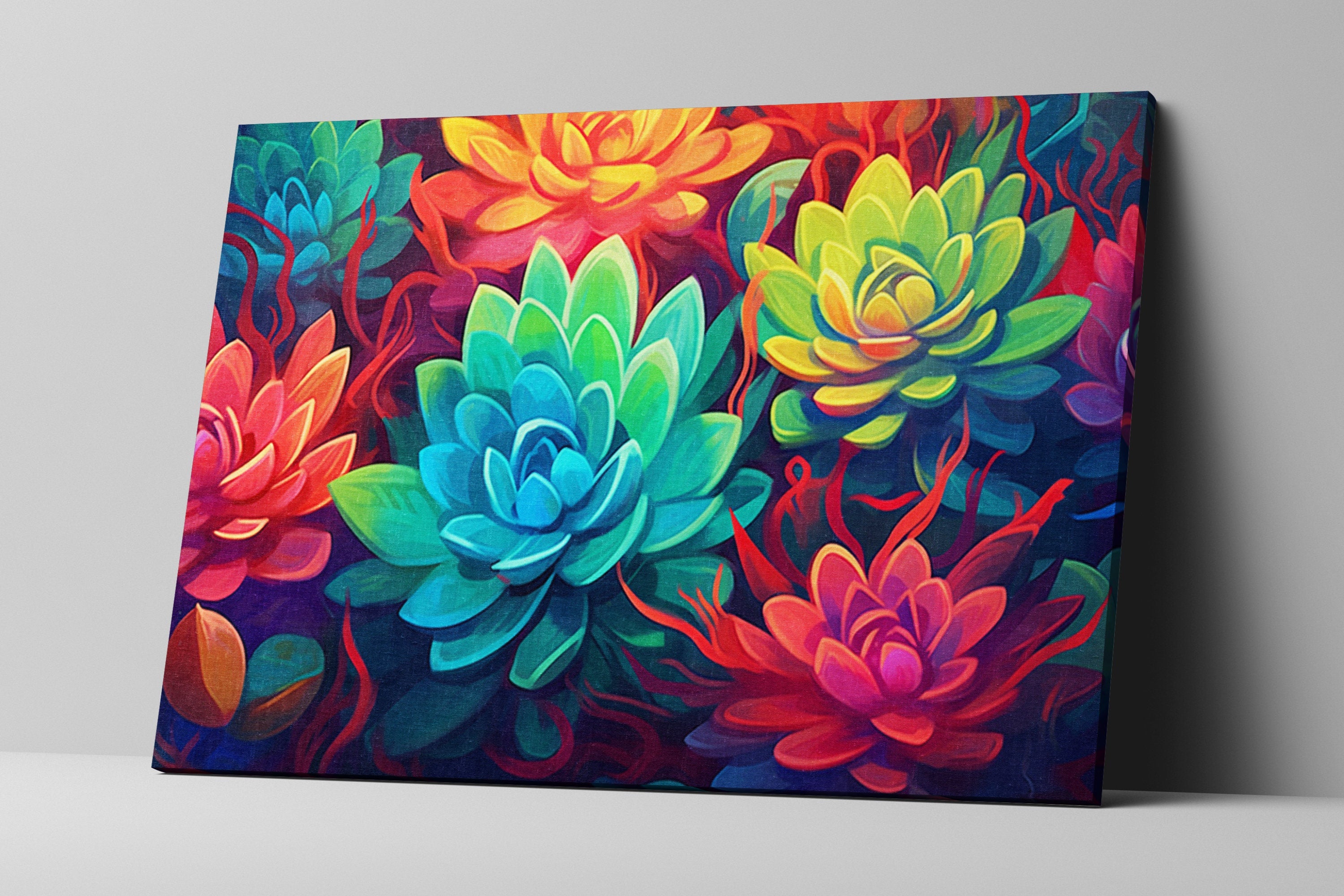 Succulent Garden Canvas – Vibrant Botanical Wall Art with Wooden Frame, Large Prints