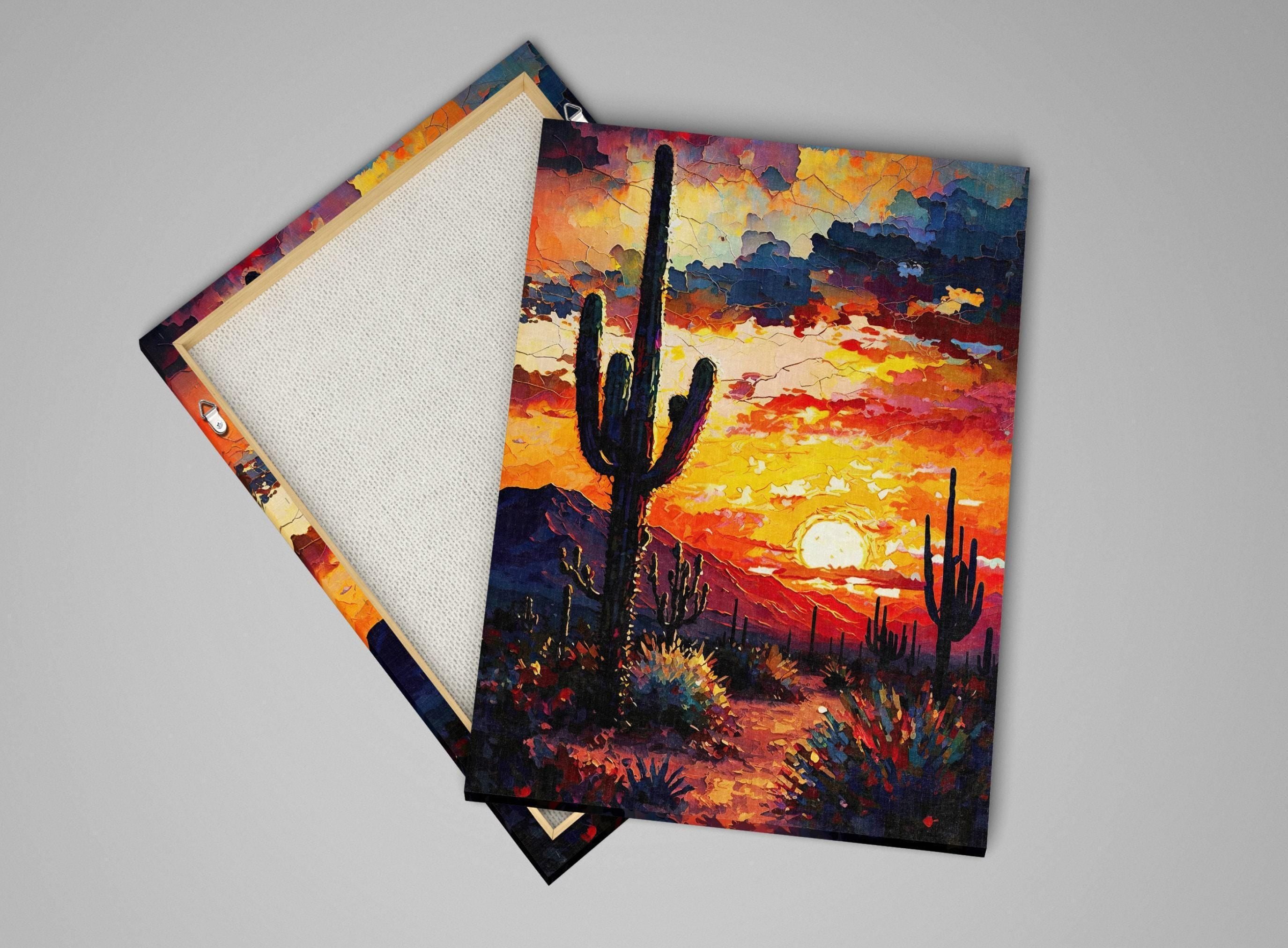a vibrant desert landscape at sunset, with a cactus in the foreground and a mountain range in the background.