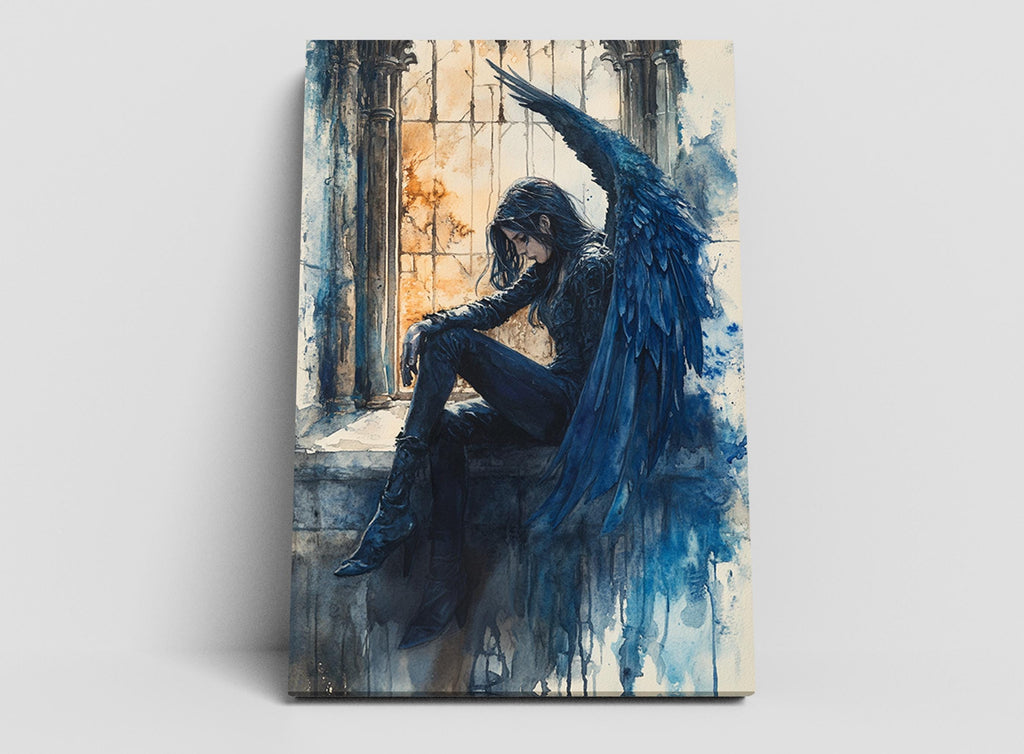 A painting depicting a woman with long dark hair and a black outfit, sitting on a ledge with her arms outstretched, as if she is a winged figure.