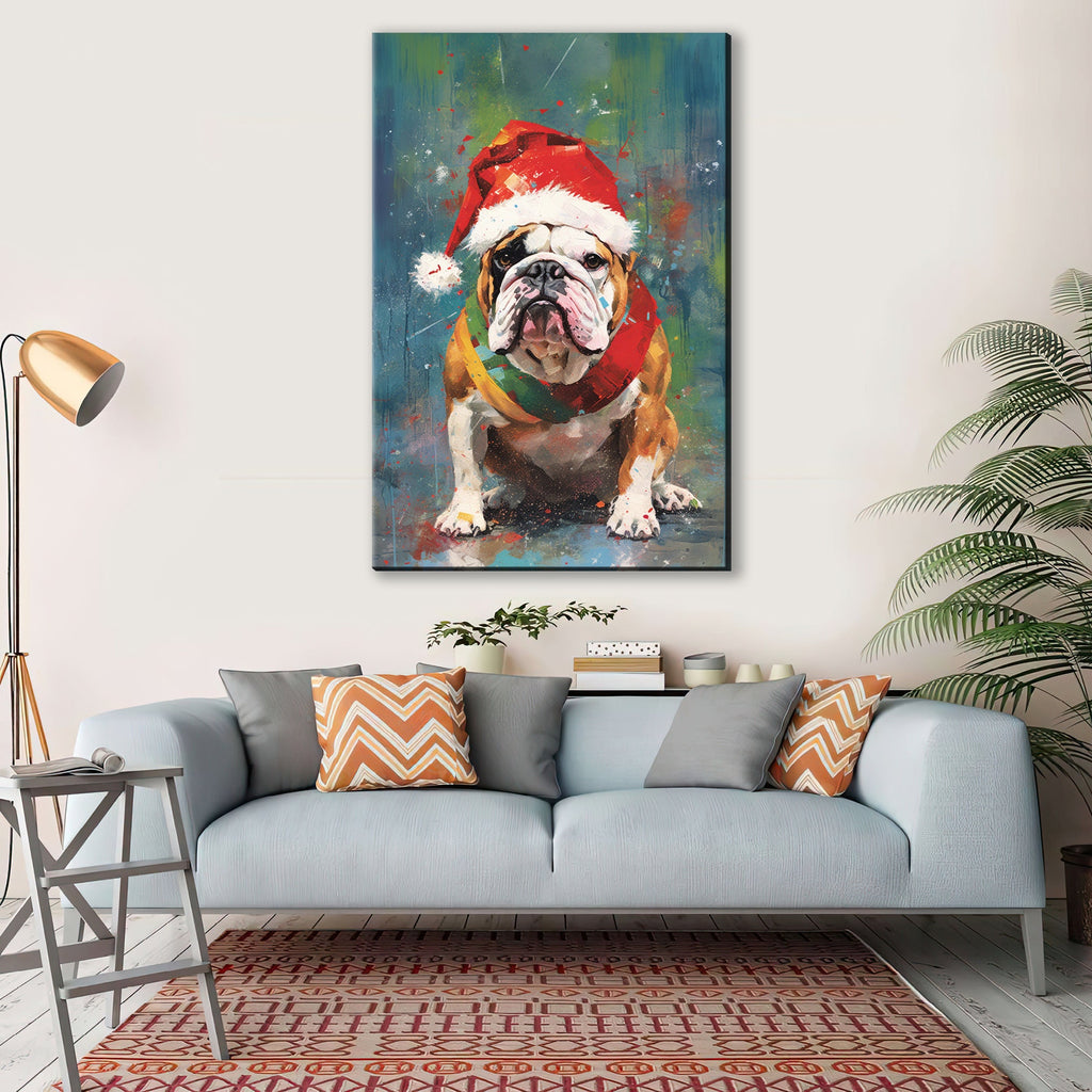 English Bulldog Christmas Art – Festive Dog Painting on Gallery Wrapped Canvas, Large Holiday Canvas