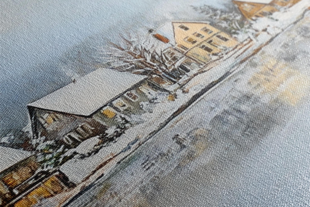a painting of a snowy village with houses