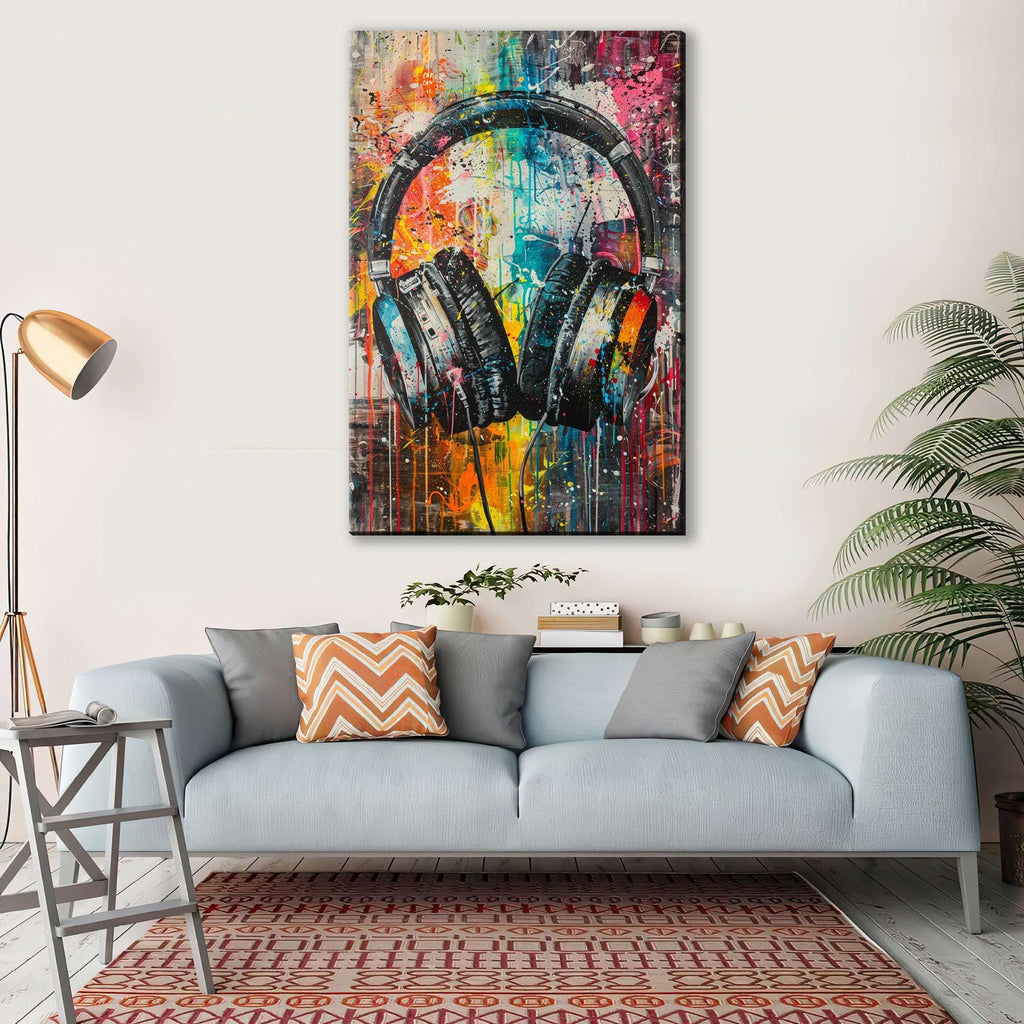 Colorful Headphones Wall Art - Large Canvas Print | Vibrant Music Decor