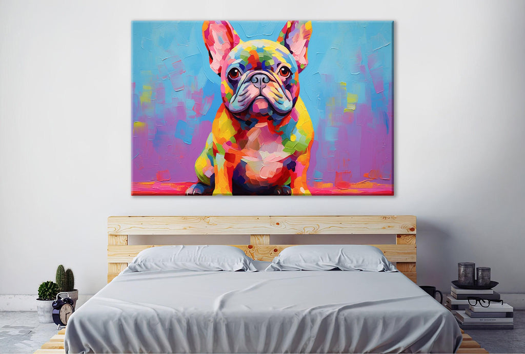 a large, colorful painting of a French Bulldog on a wall above a bed with white sheets.