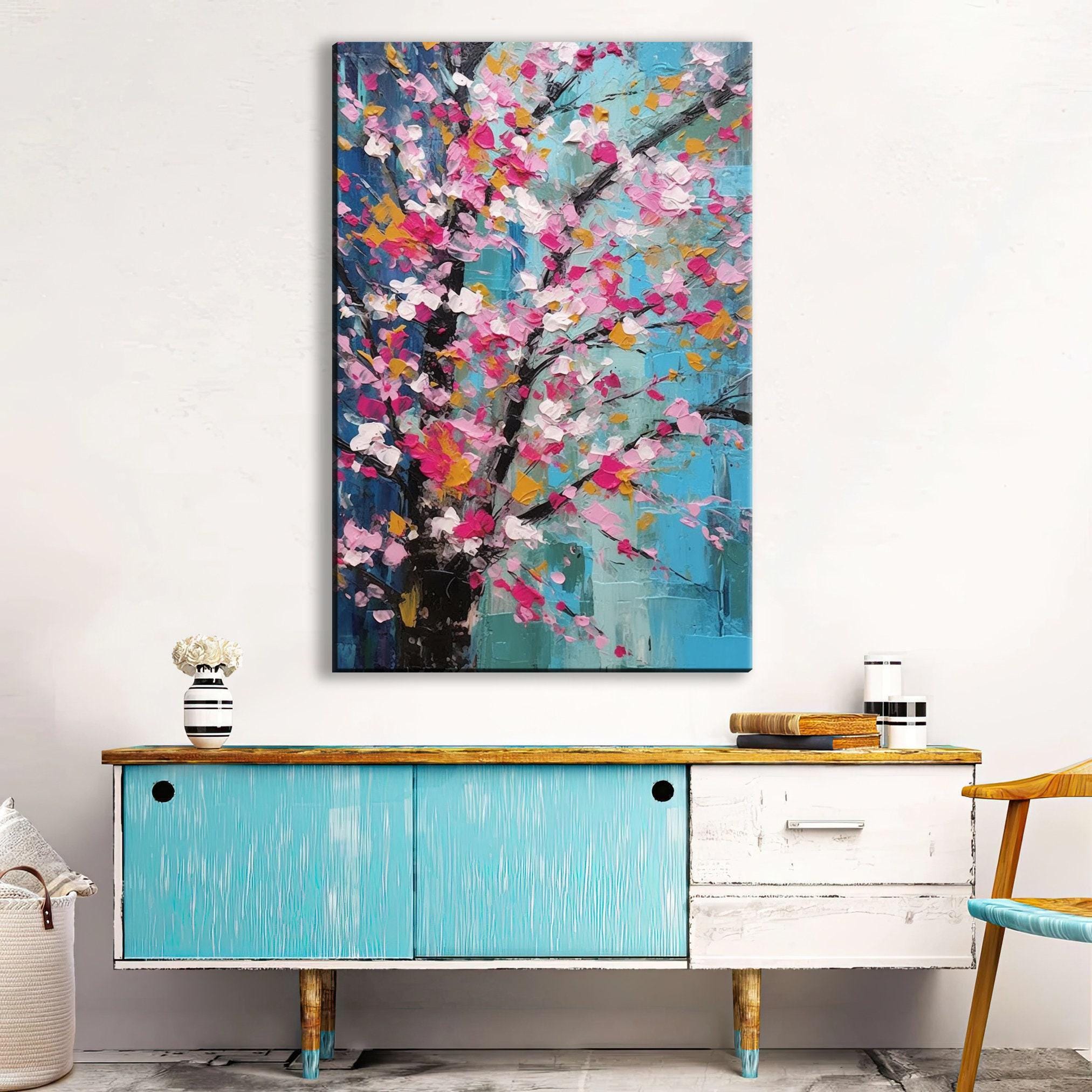 Cherry Blossom Canvas – Large Canvas Art | Abstract Floral Wall Decor in Pink & Blue