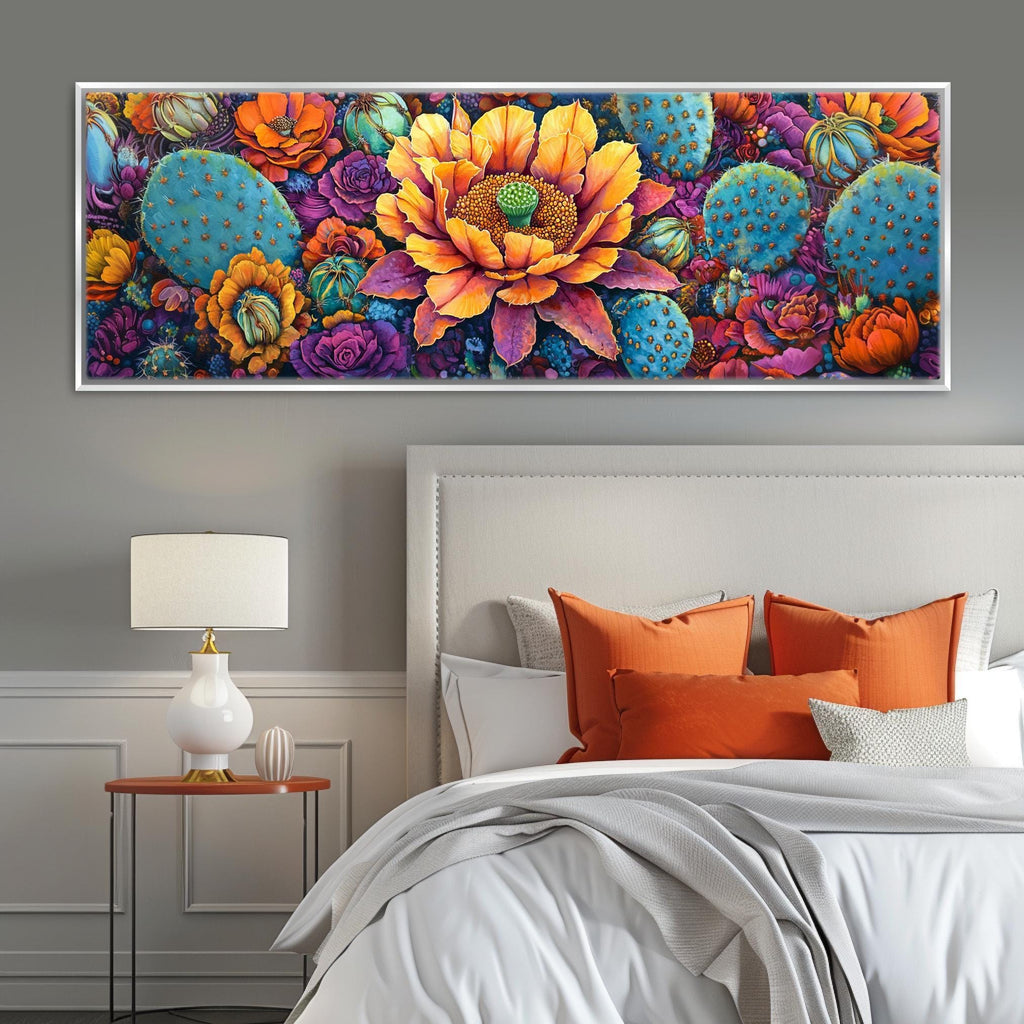 Desert Cactus Wall Art – Panoramic Framed Canvas | Oversized Saguaro Bloom Print