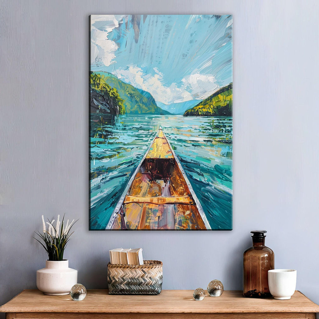 Canoe Wall Art – Rustic River Canvas Print | Large Gallery Wrapped Nature Artwork