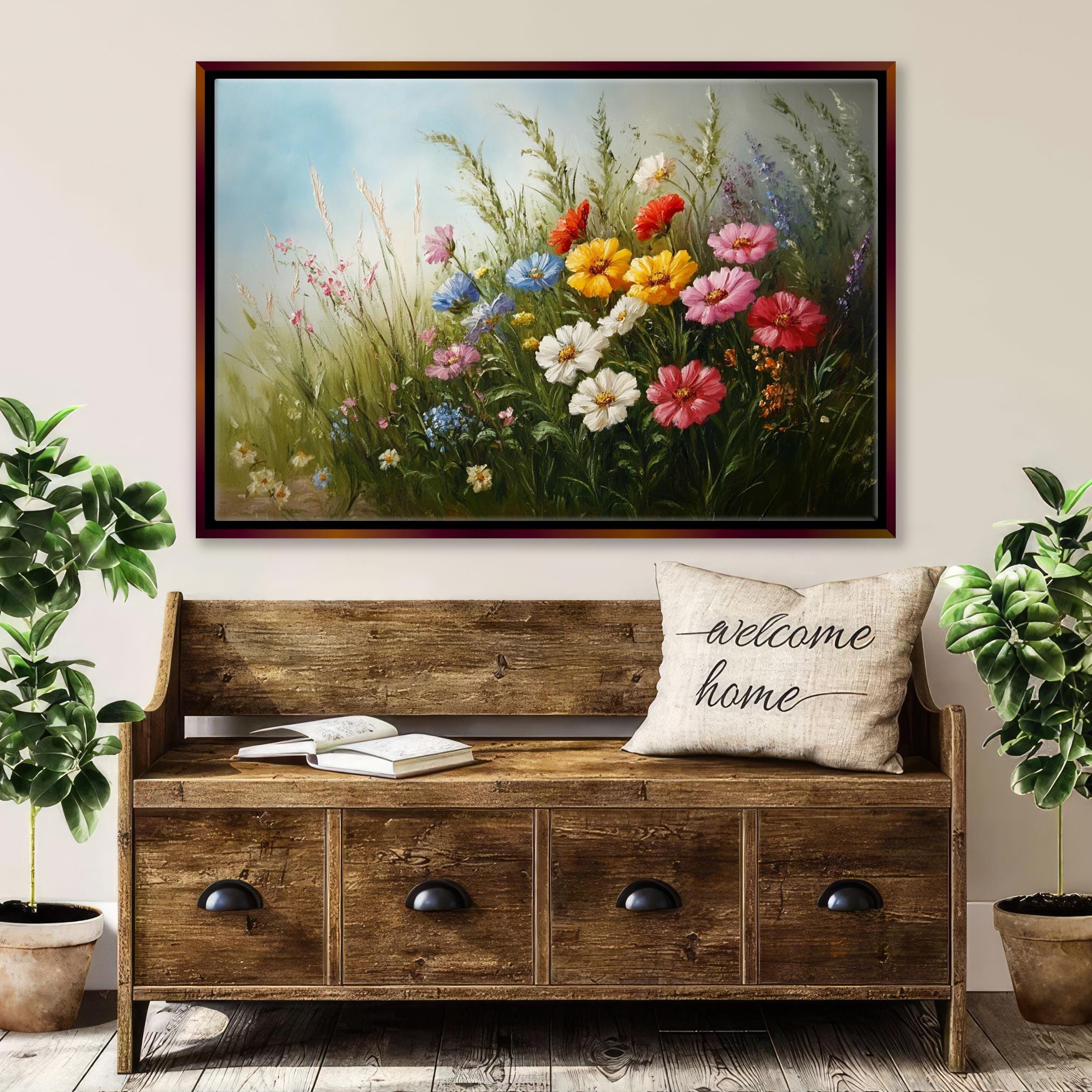 a painting of flowers on a wall above a bench