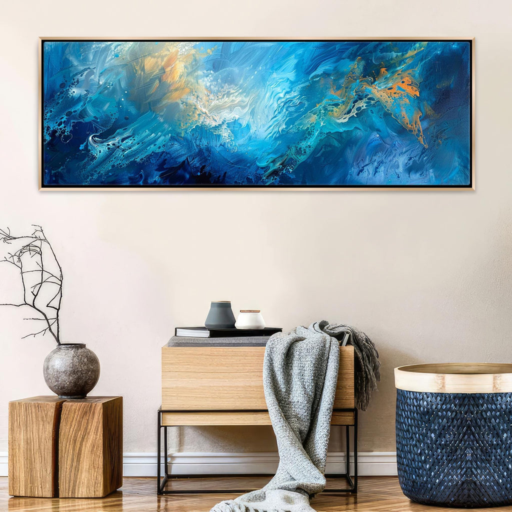 a painting hanging on a wall above a table