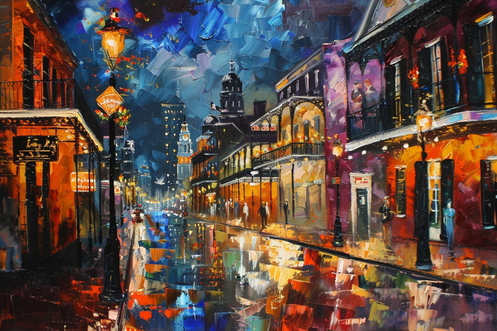 The image is a vibrant and colorful painting depicting a lively city street at night, with buildings, street lamps, and people walking along the wet pavement.