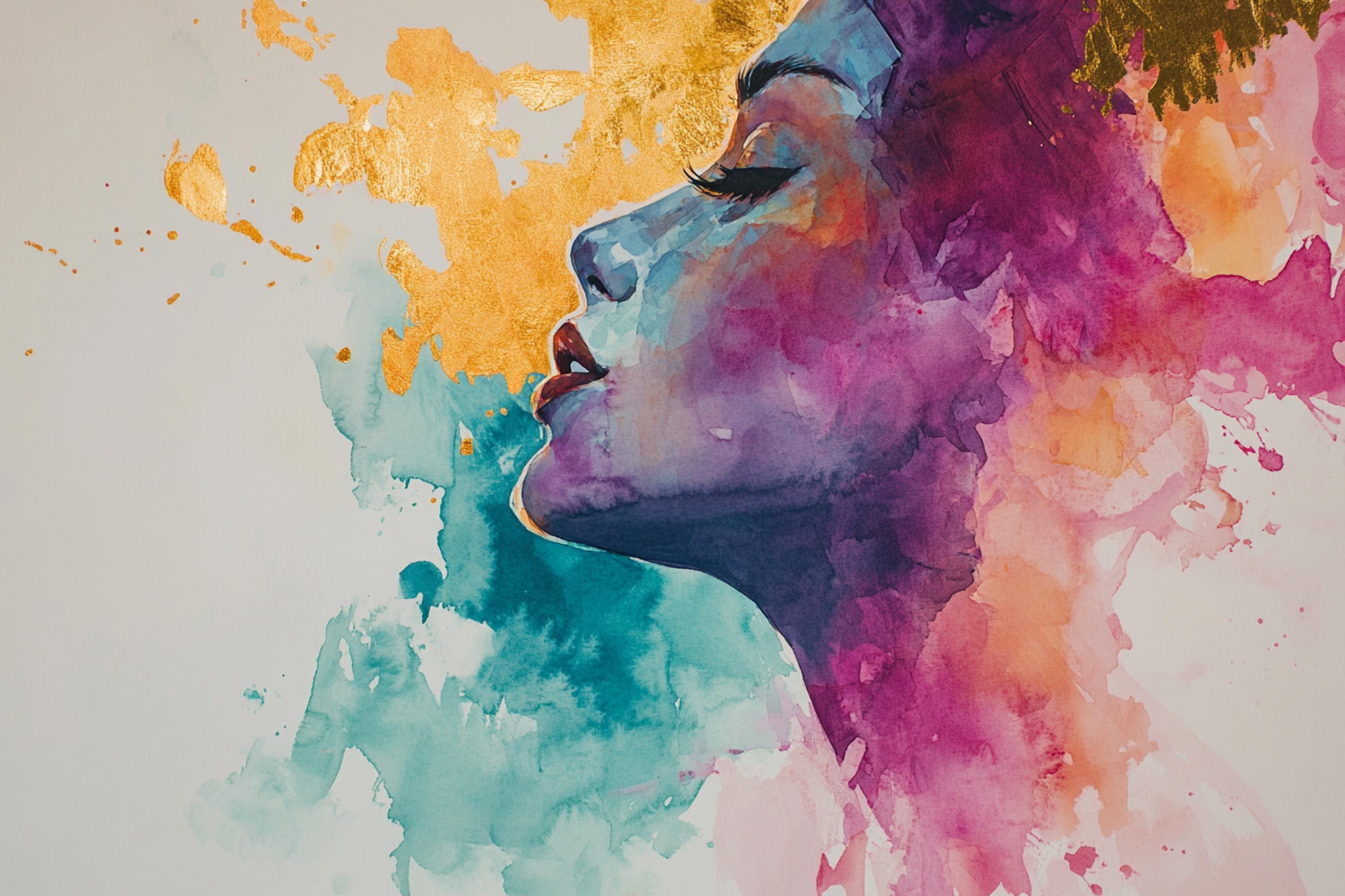 The image is a vibrant and colorful painting depicting a woman's profile, with bold brushstrokes and a mix of blue, pink, and yellow hues.