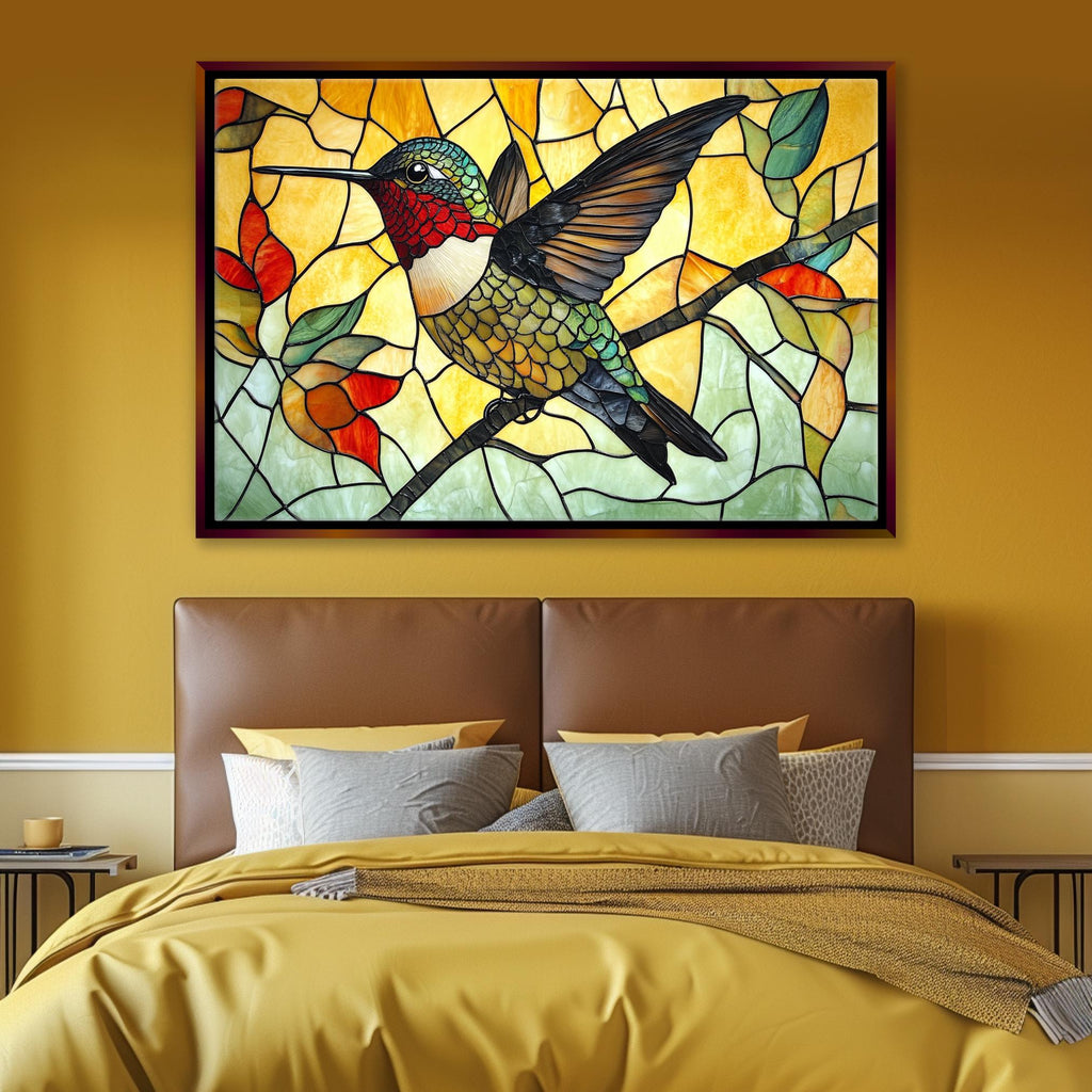 a picture of a hummingbird on a stained glass window