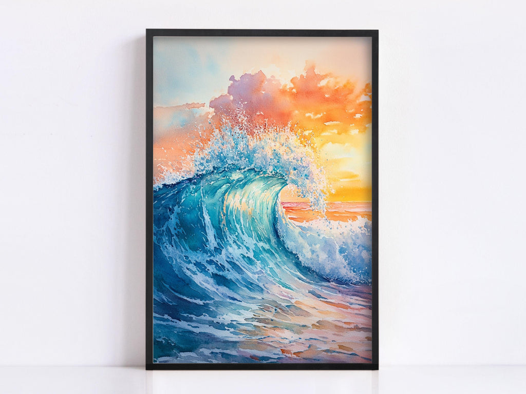 The image is a framed painting depicting a large, crashing wave with a vibrant sunset in the background.