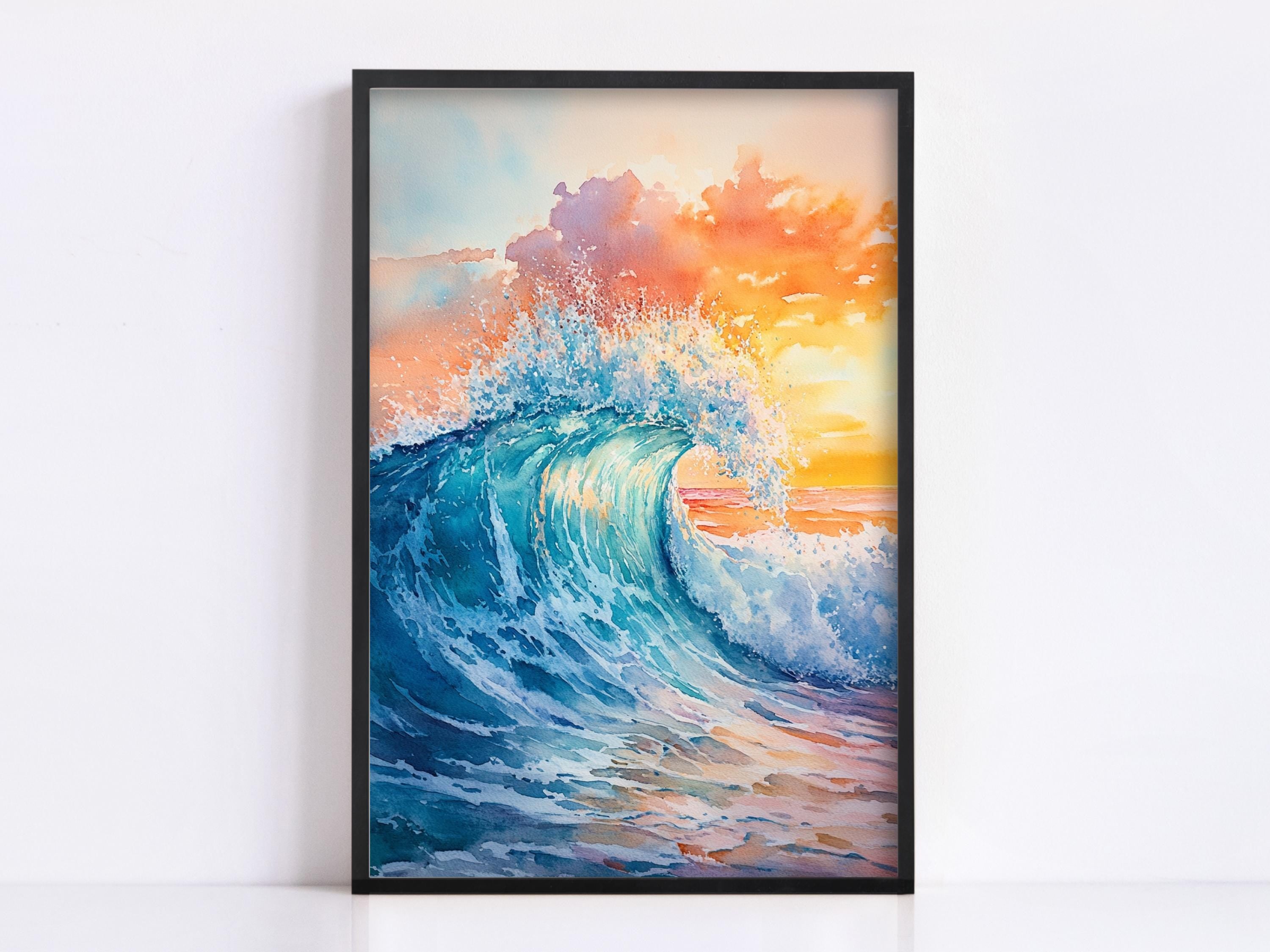 The image is a framed painting depicting a large, crashing wave with a vibrant sunset in the background.