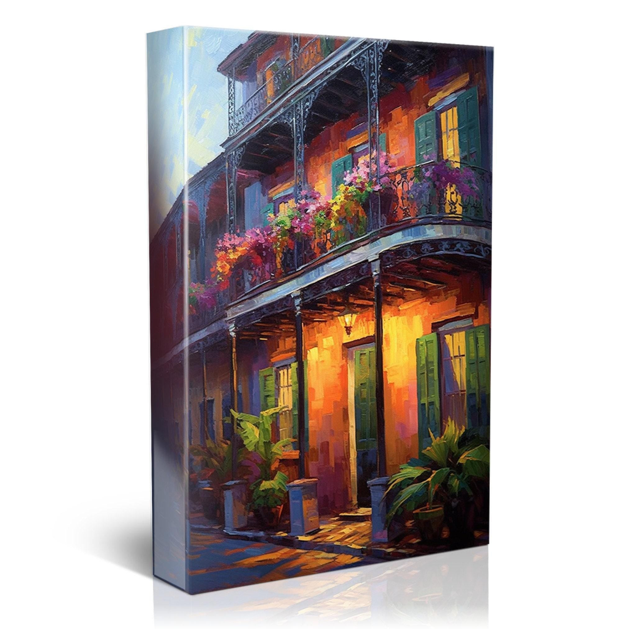 New Orleans Canvas Art – Large Framed French Quarter Painting With Wood Frame