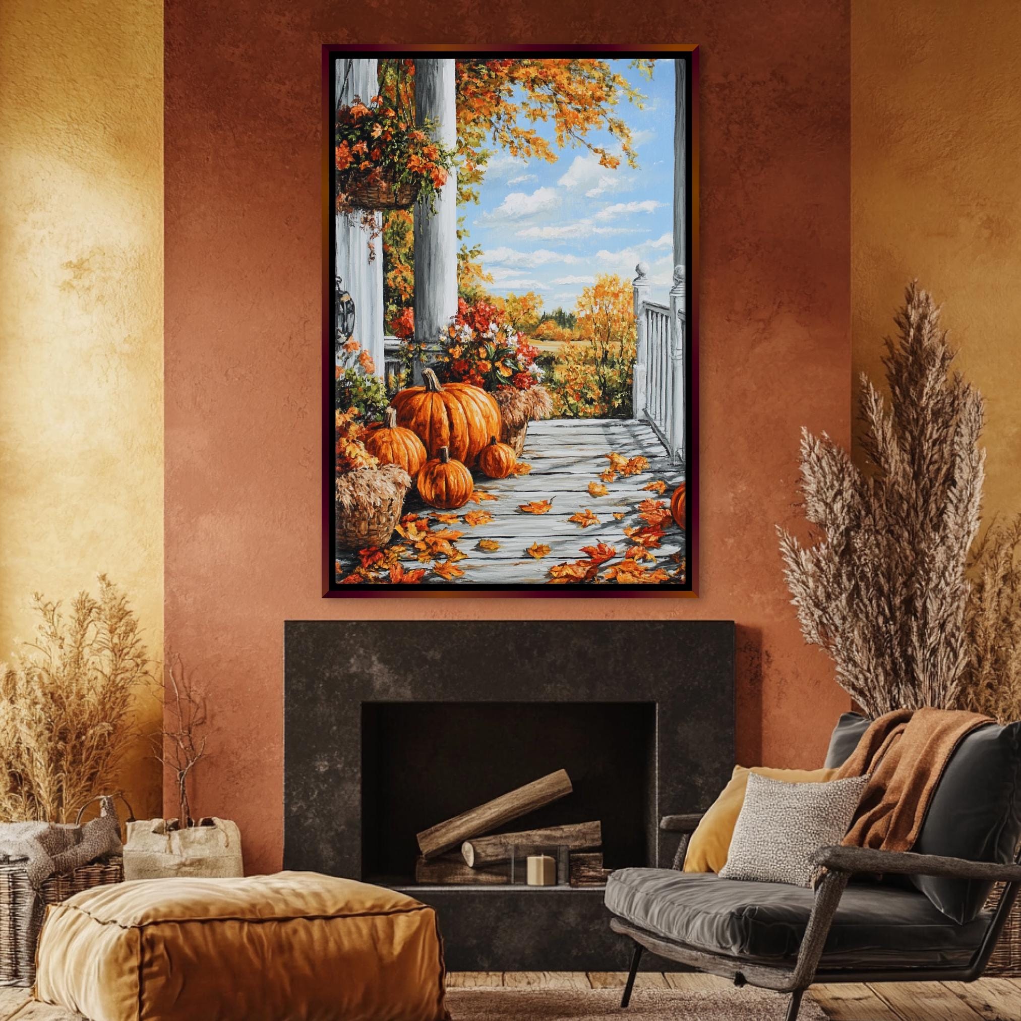 a cozy living room with a fireplace, a large framed painting of a porch with pumpkins and fall foliage hanging above it, and a comfortable chair in the foreground.