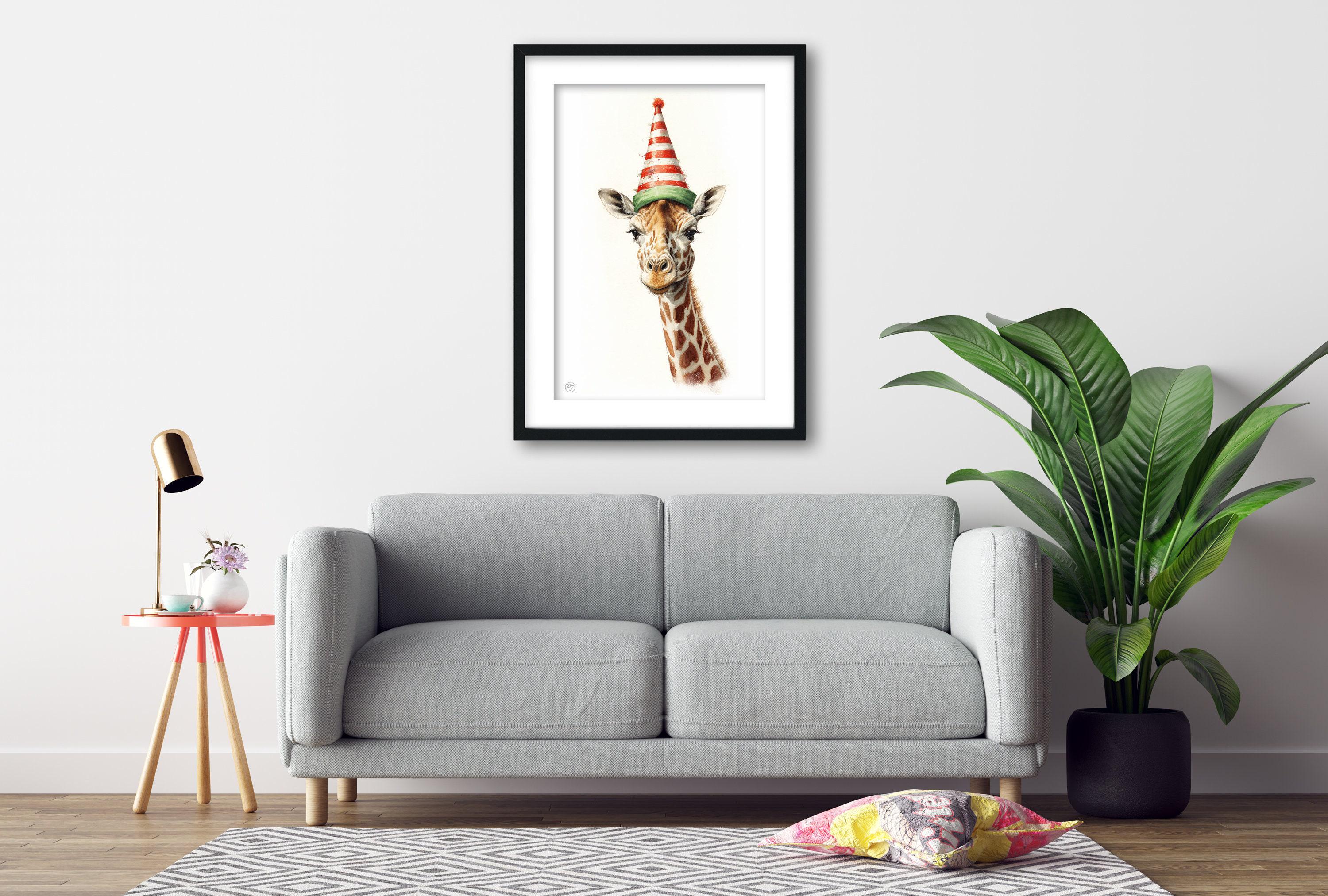 Christmas Safari - Watercolor Giraffe with Santa Hat, Giclee Print on Canvas, Artist Paper, Watercolor Paper, Available in Extra Large Sizes