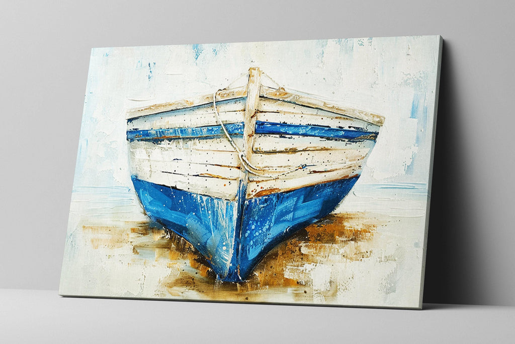 Coastal Blue White Boat - Gallery Wrapped Canvas | Extra Large Nautical Wall Art
