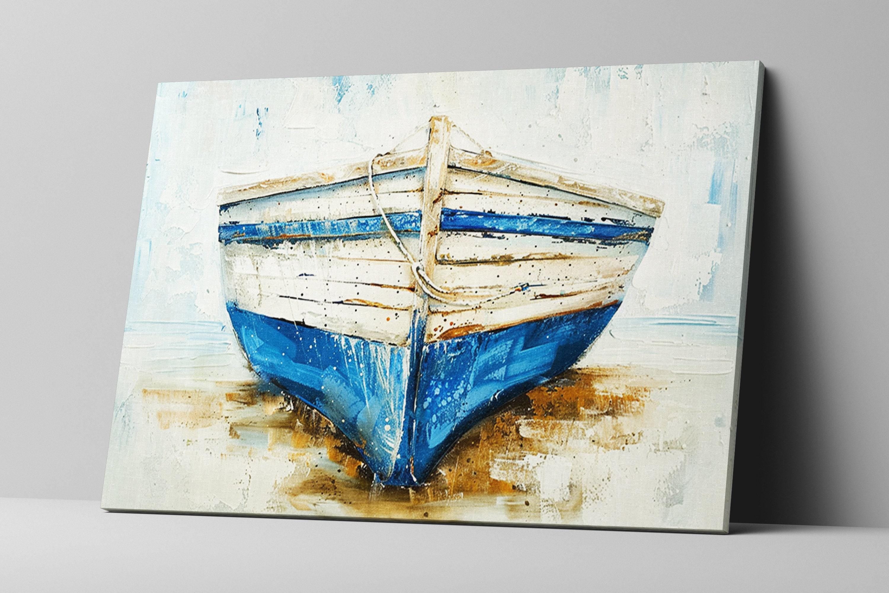 Coastal Blue White Boat - Gallery Wrapped Canvas | Extra Large Nautical Wall Art