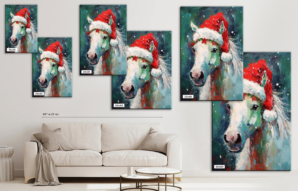 Horse Christmas Canvas - Festive Horse Painting on Gallery Wrapped Canvas for Holiday Home Decor