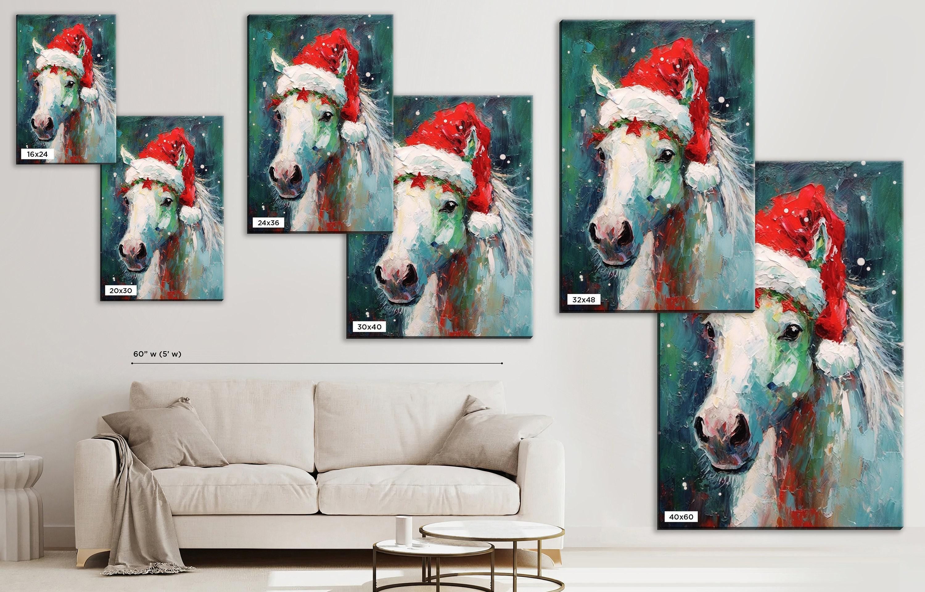 Horse Christmas Canvas - Festive Horse Painting on Gallery Wrapped Canvas for Holiday Home Decor