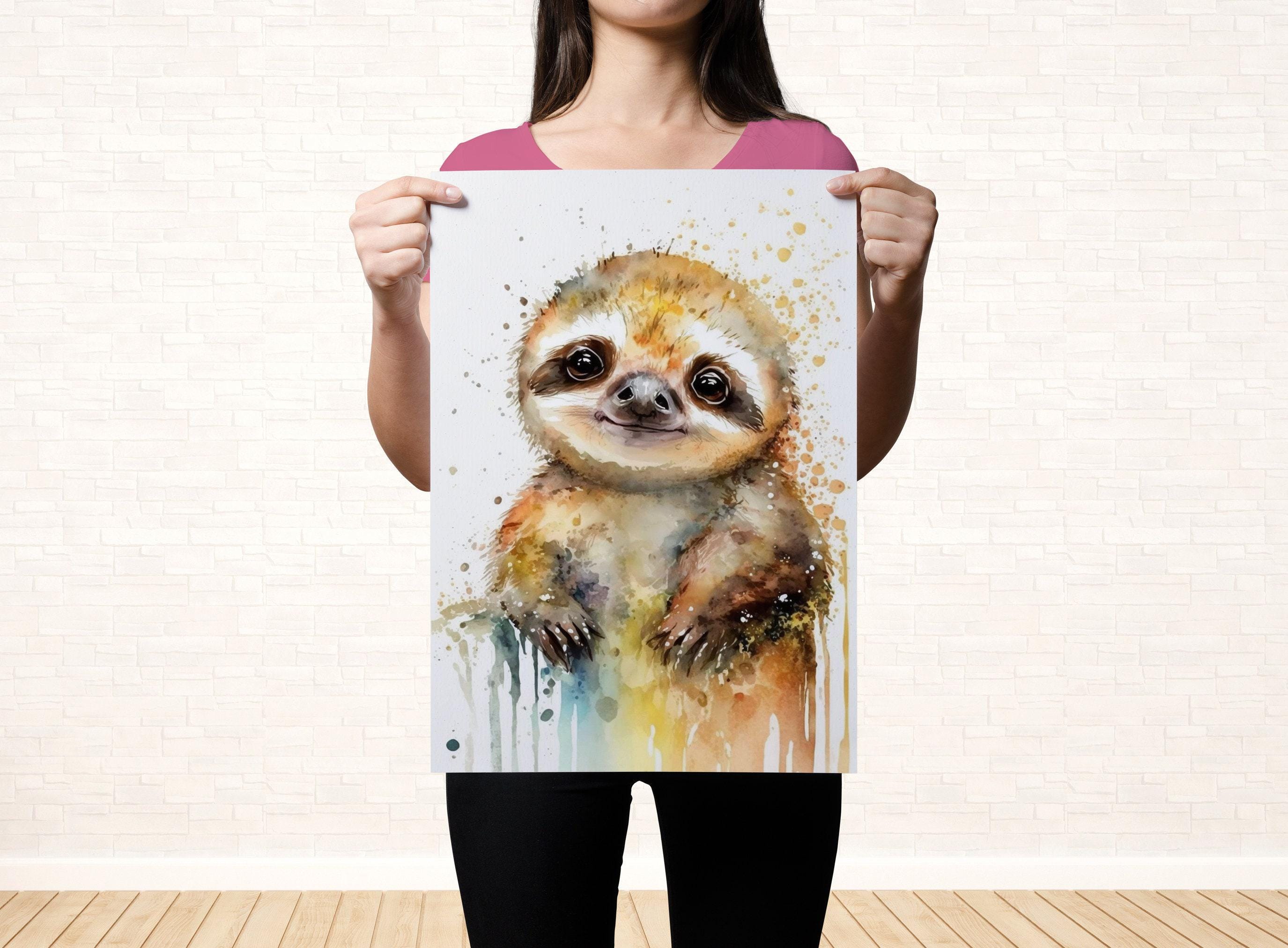 Wildlife Serenity: Sloth Watercolor Painting, Giclee Print on Canvas, Artist Paper, Watercolor Paper, Available in Extra Large Sizes