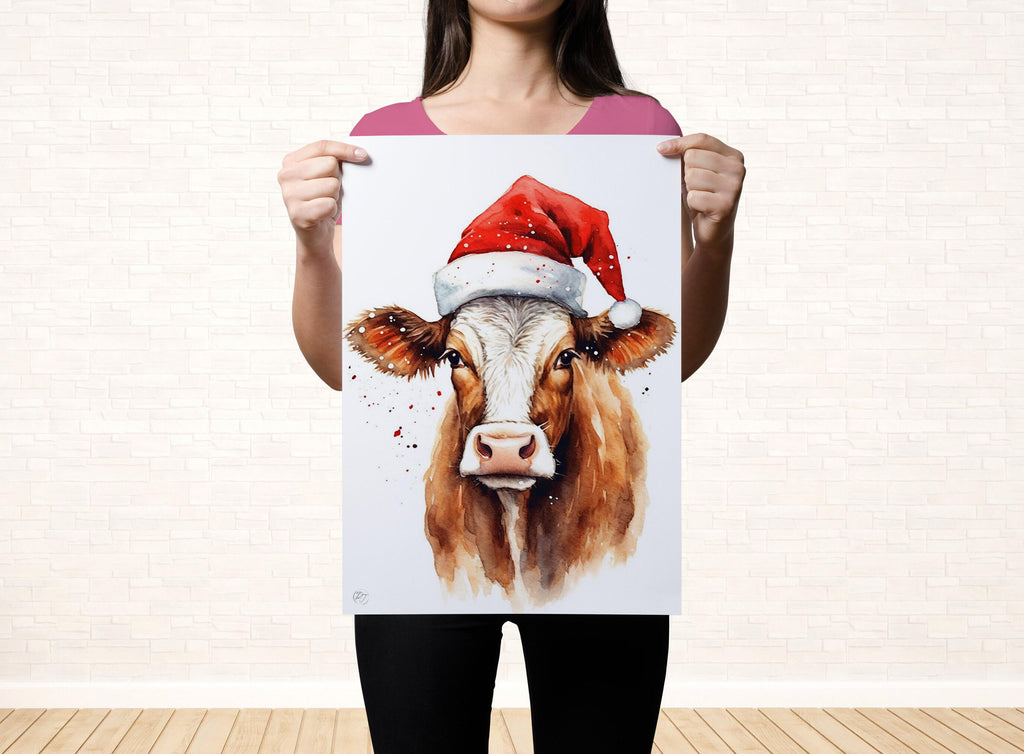 Christmas Cow Watercolor Holiday Wall Art, Giclee Print on Canvas, Artist Paper, Watercolor Paper, Available in Extra Large Sizes