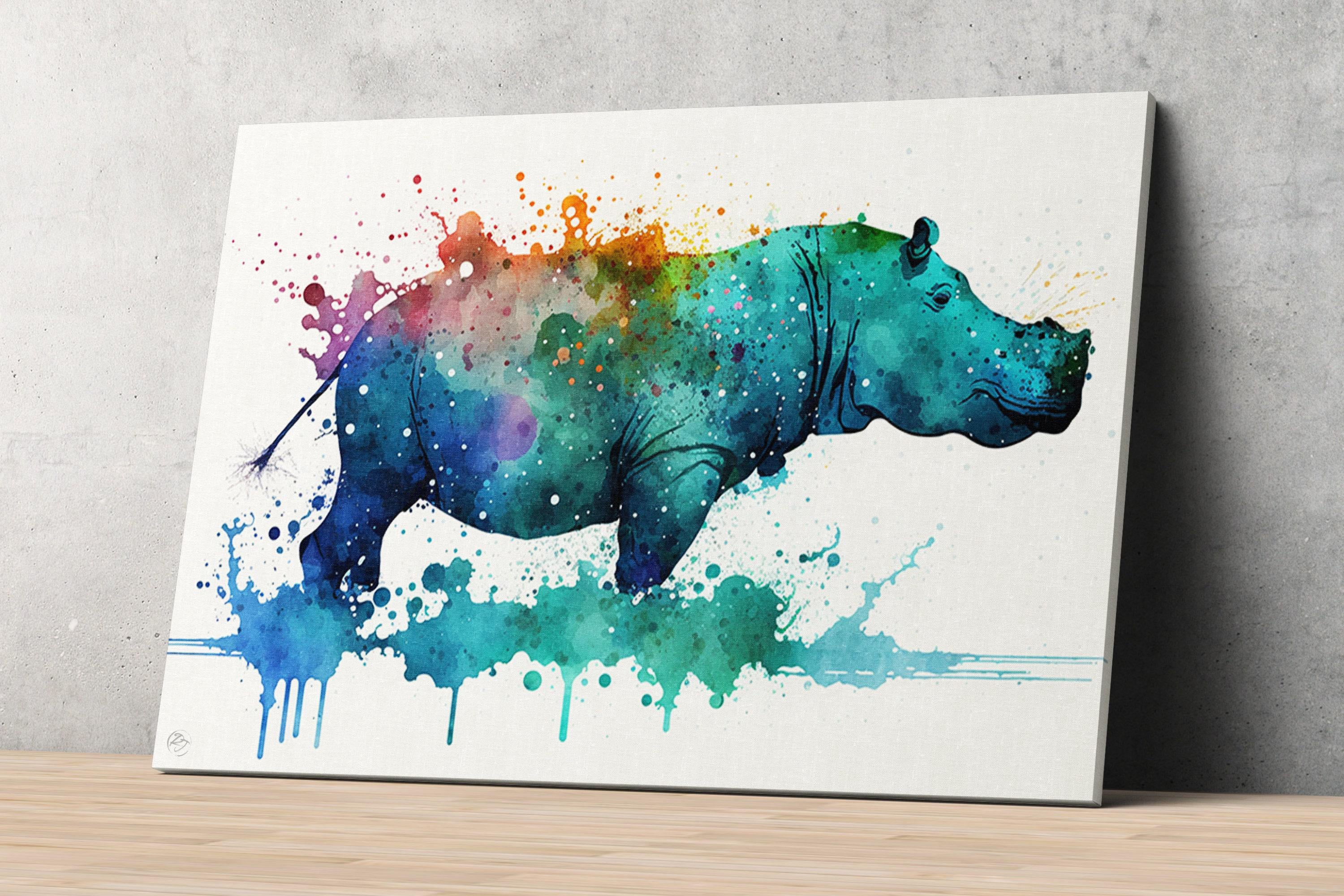 Riverbank Royalty: Watercolor Hippo Wall Decor Print, Giclee Print on Canvas, Artist Paper, Watercolor Paper, Available in Extra Large Sizes