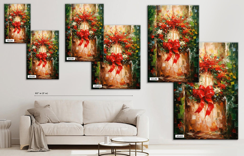 Christmas Wreath Art – Rustic Traditional Holiday Wall Decor on Gallery Wrapped Canvas