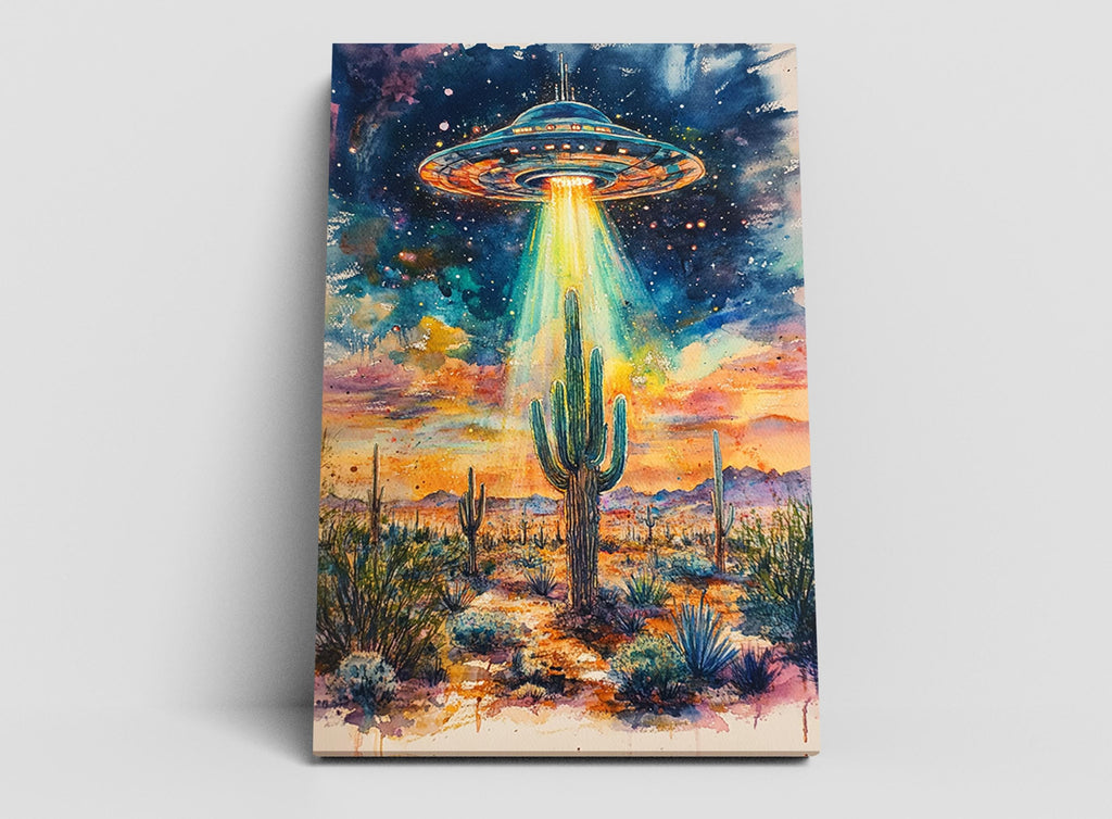 a desert landscape with a large, colorful alien spacecraft hovering above a cactus in the center, surrounded by other desert plants and a starry night sky.
