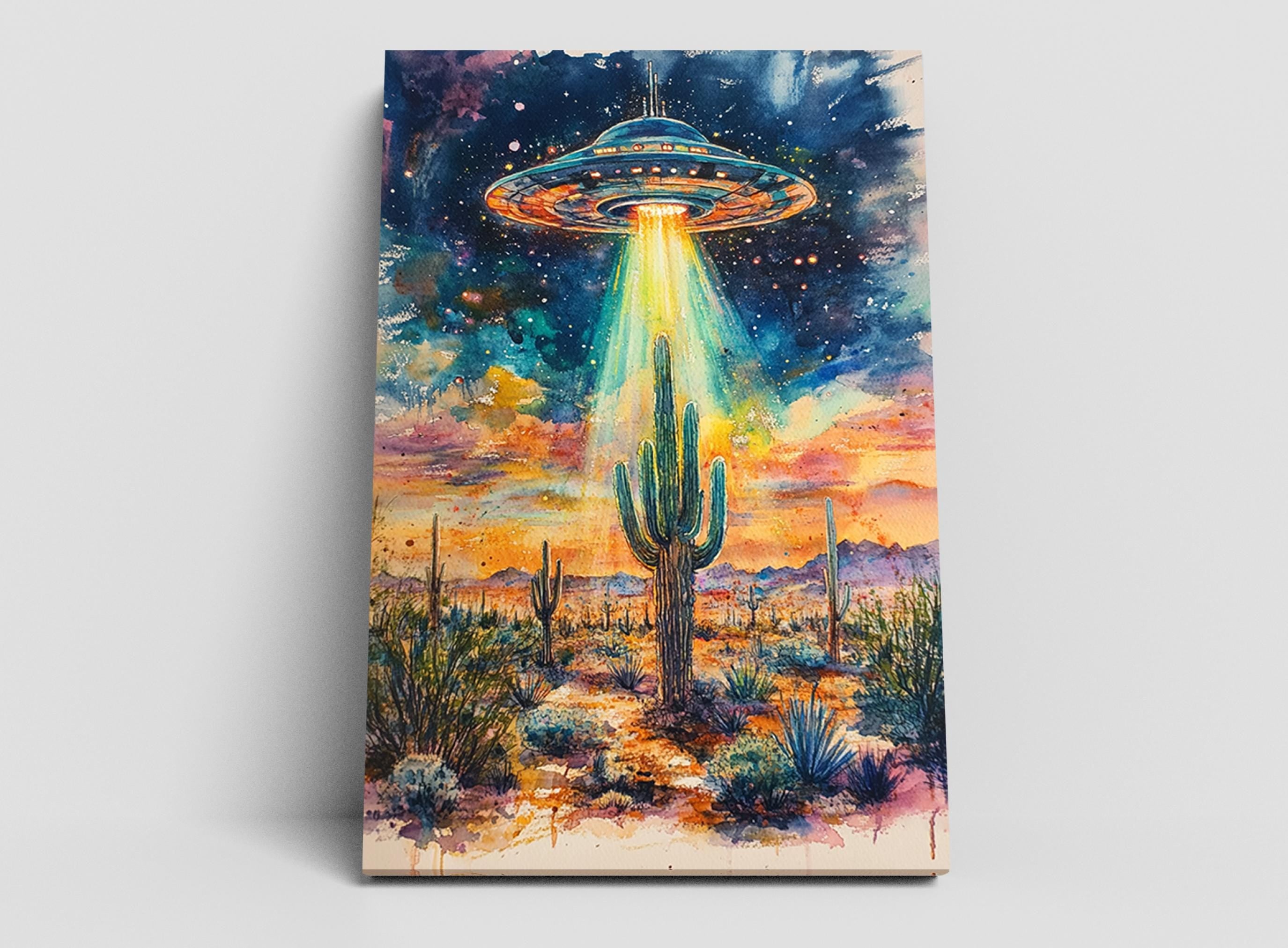 a desert landscape with a large, colorful alien spacecraft hovering above a cactus in the center, surrounded by other desert plants and a starry night sky.