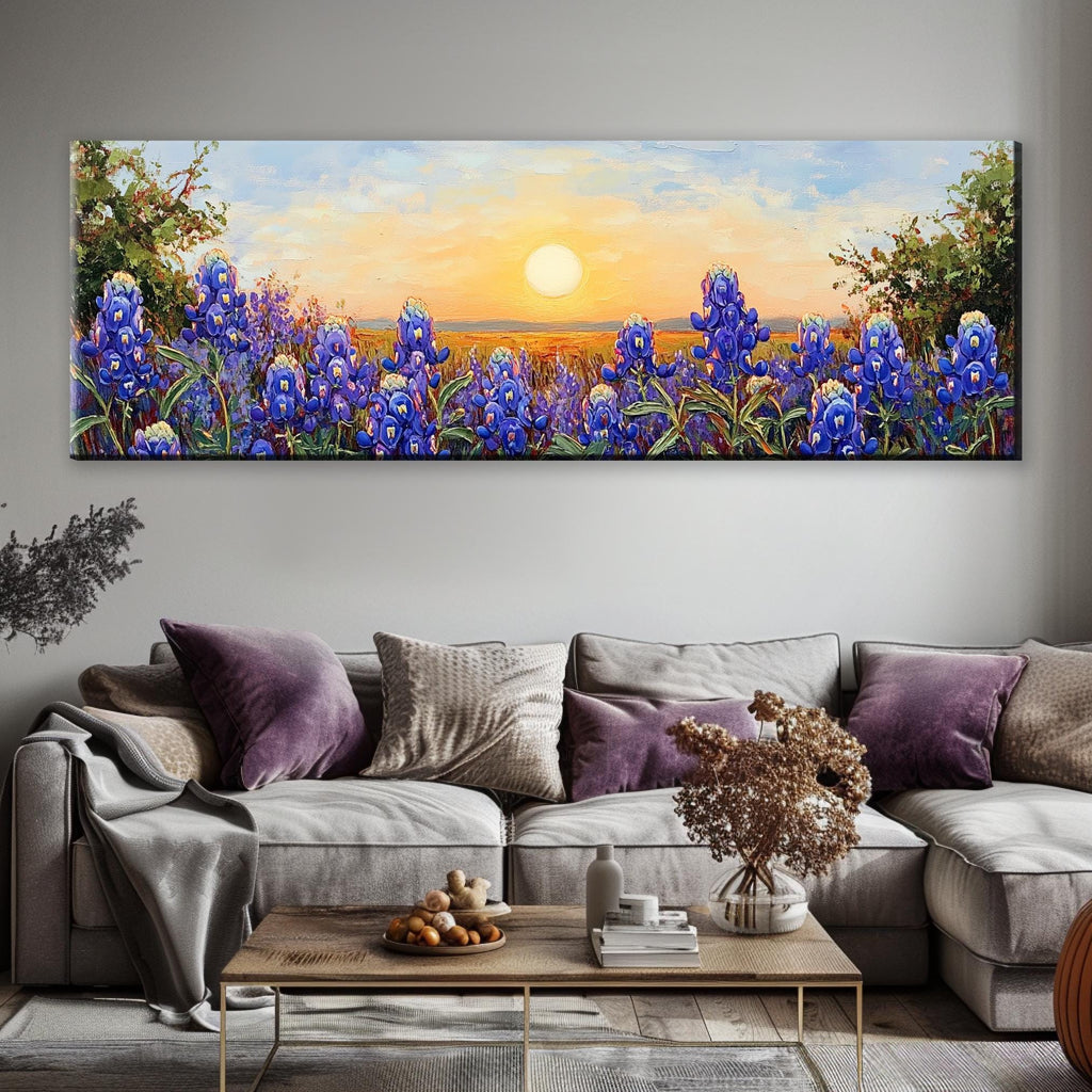 a living room with a couch and a painting on the wall
