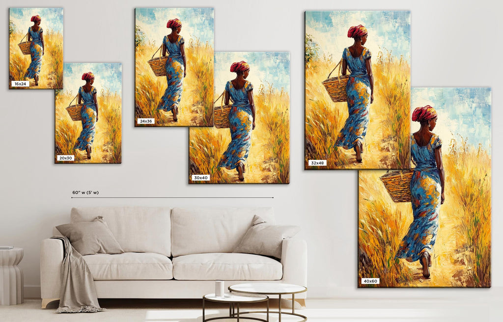 a painting of a woman carrying a basket in a wheat field