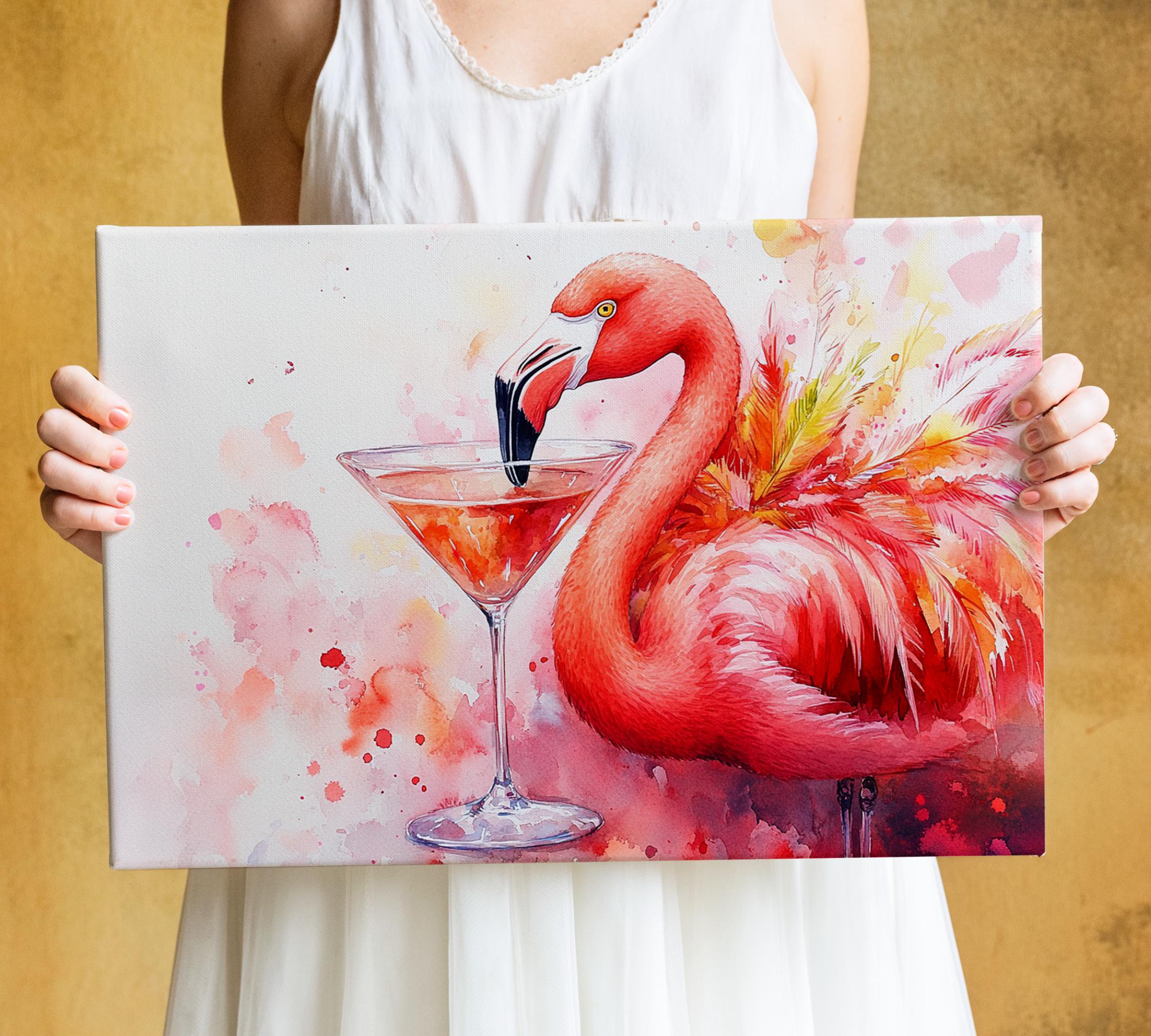 A person is holding a framed painting of a flamingo with a martini glass in its beak.