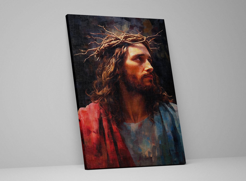 Jesus Christ Canvas Art – Large Canvas Painting with Crown of Thorns and Wood Frame