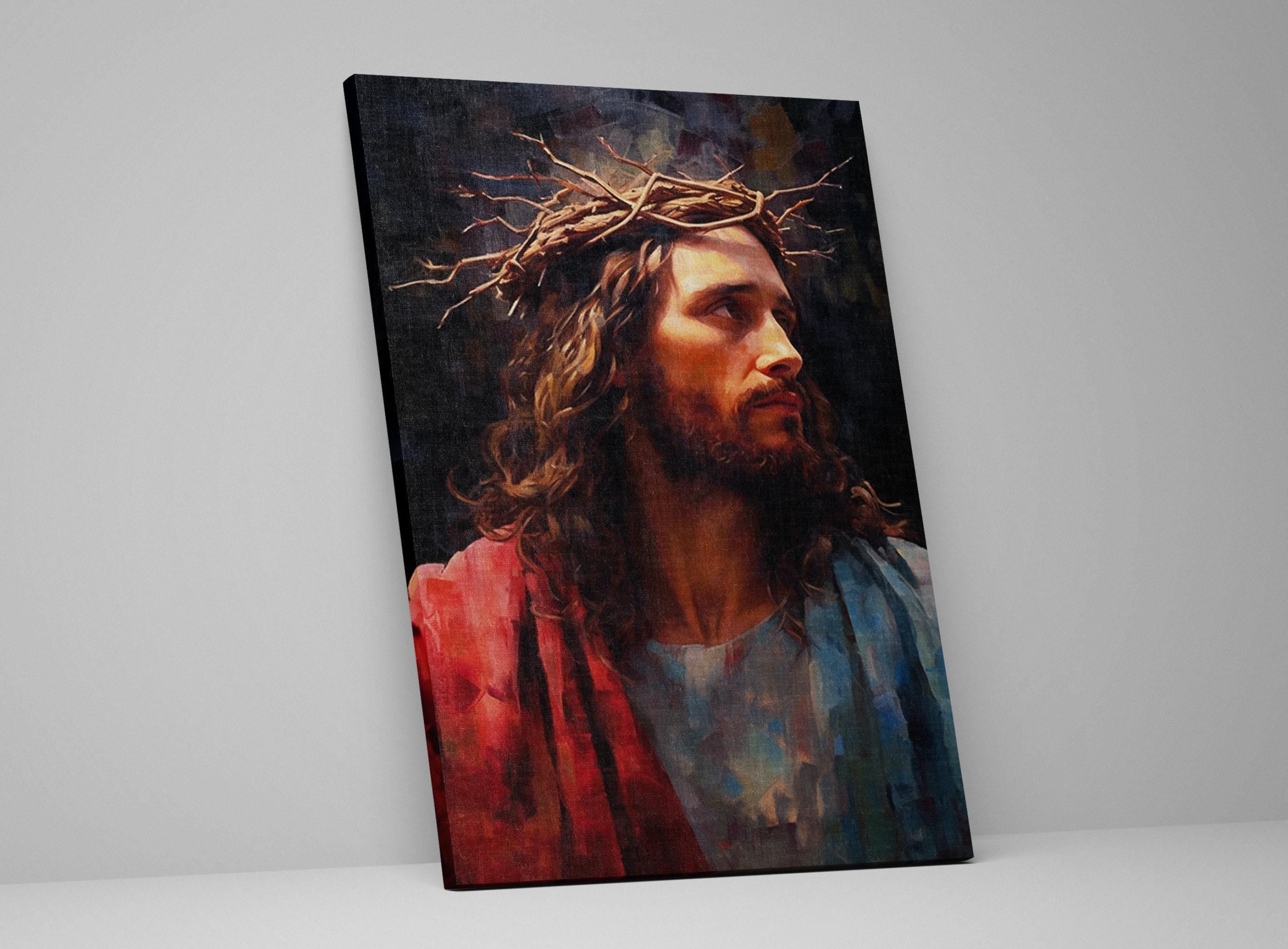 Jesus Christ Canvas Art – Large Canvas Painting with Crown of Thorns and Wood Frame
