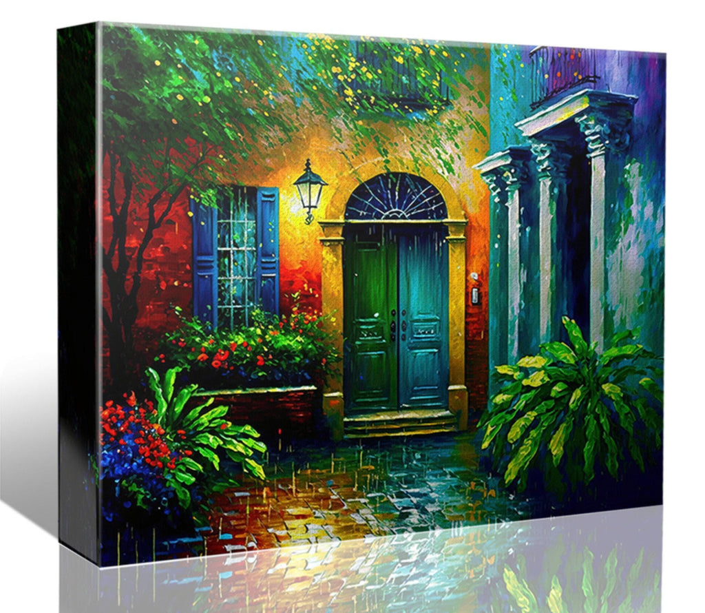 The image is a vibrant painting depicting a colorful and lively scene with a large, inviting door, lush greenery, and a well-lit pathway leading to the entrance of a building.