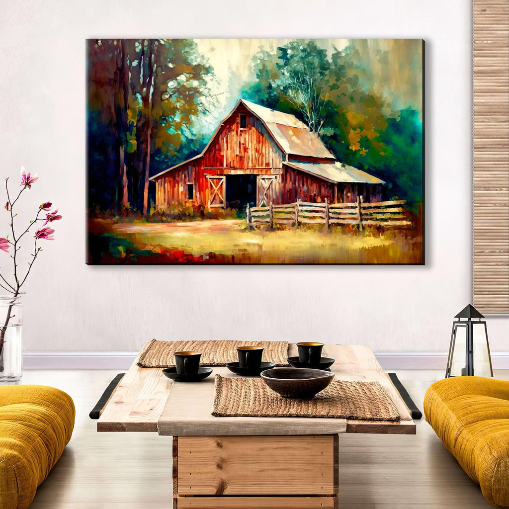 Farmhouse Canvas Art - Large Canvas Print | Rustic Style Art with Old Red Barn
