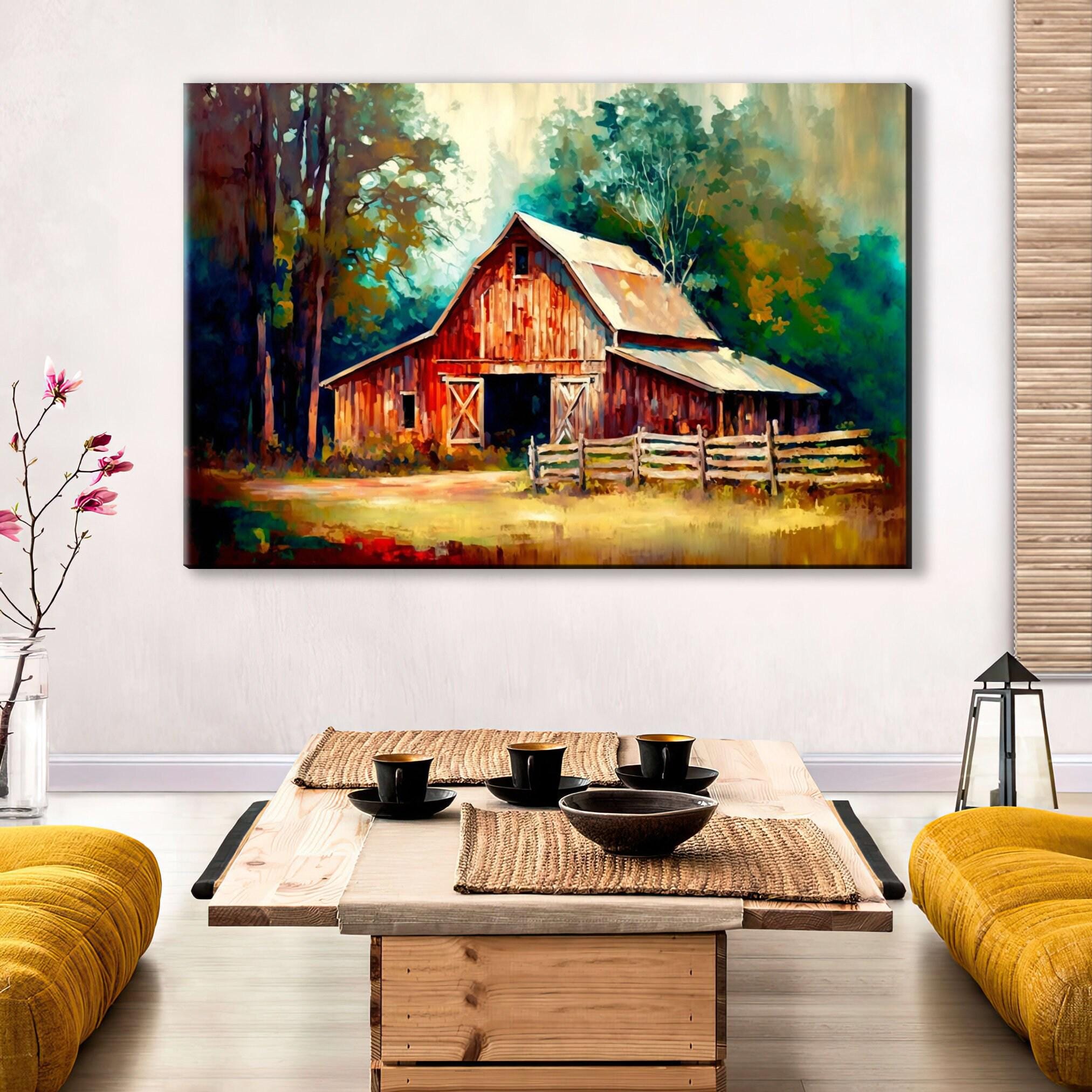 Farmhouse Canvas Art - Large Canvas Print | Rustic Style Art with Old Red Barn