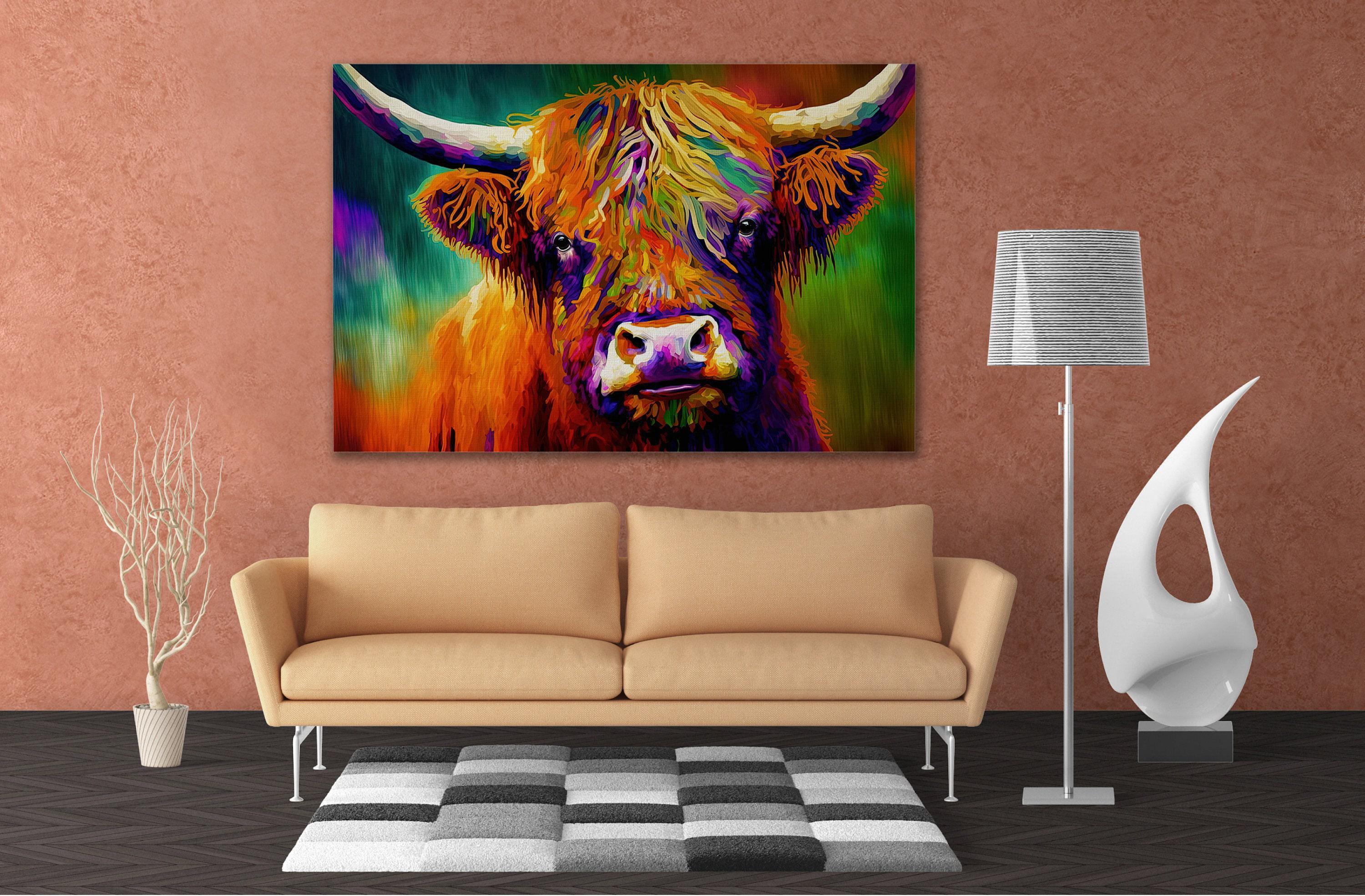 Highland Cow Canvas - Colorful Farmhouse Wall Art With Vibrant Rustic Decor