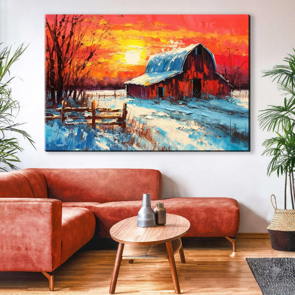 Wintery Farm Scene - Rustic Winter Canvas | Vintage Barn Landscape Print on Gallery Wrapped Canvas