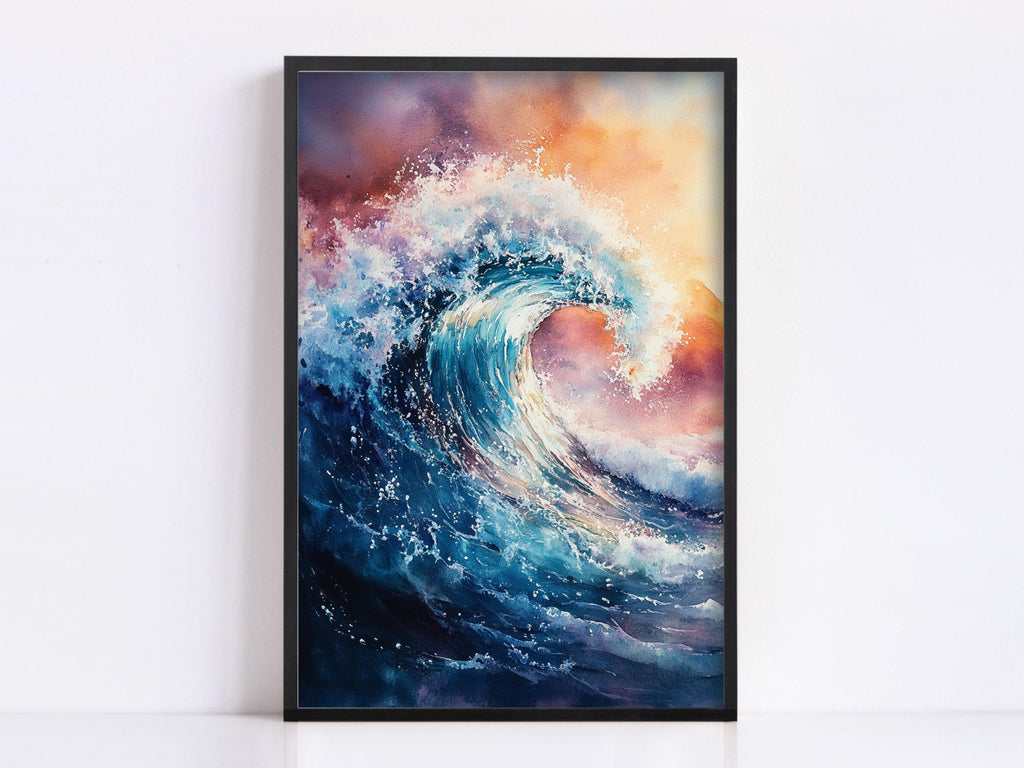 a large, powerful wave crashing against a rocky shore, with the water in shades of blue and white and the sky in hues of orange and pink.