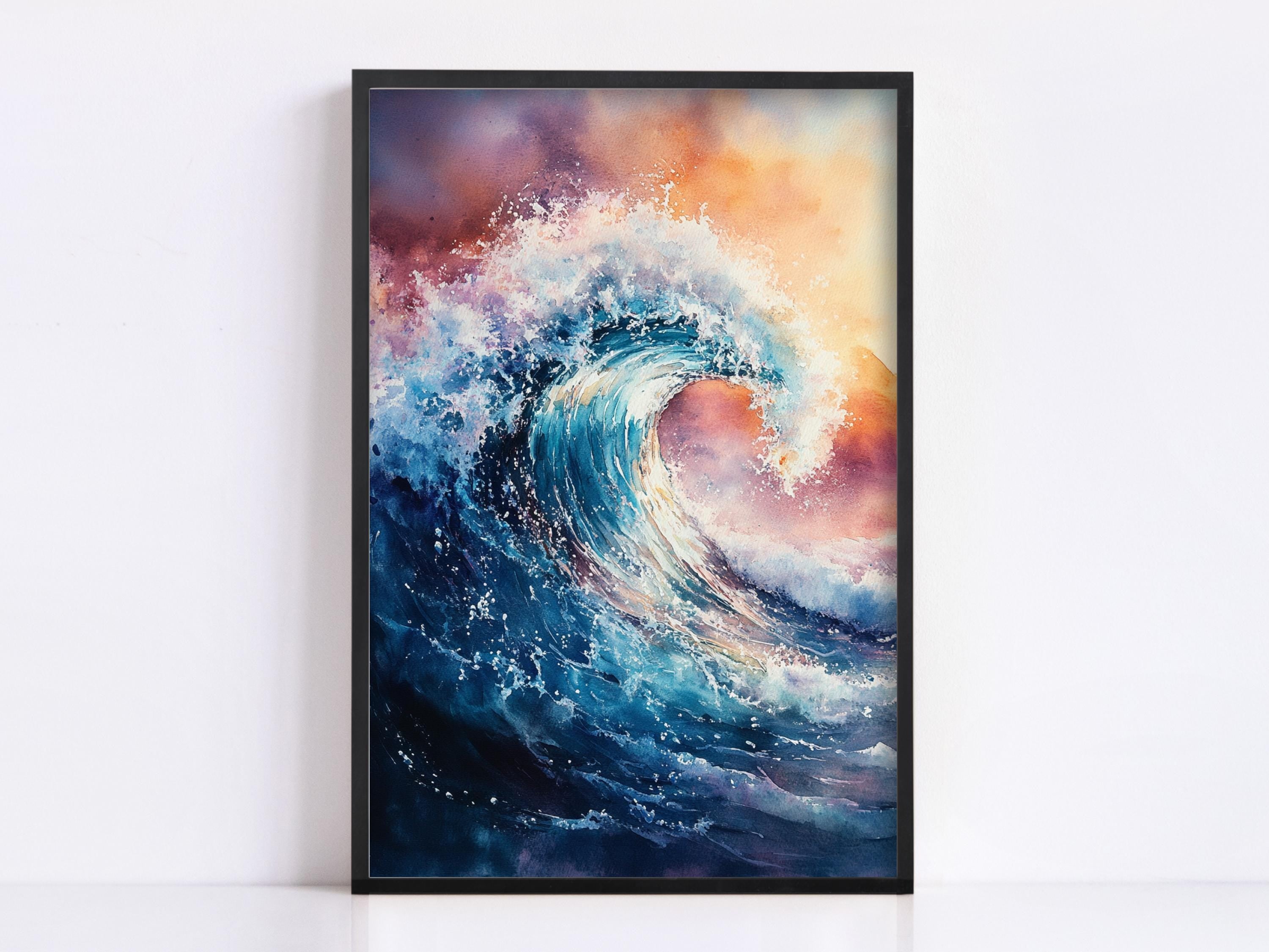 a large, powerful wave crashing against a rocky shore, with the water in shades of blue and white and the sky in hues of orange and pink.
