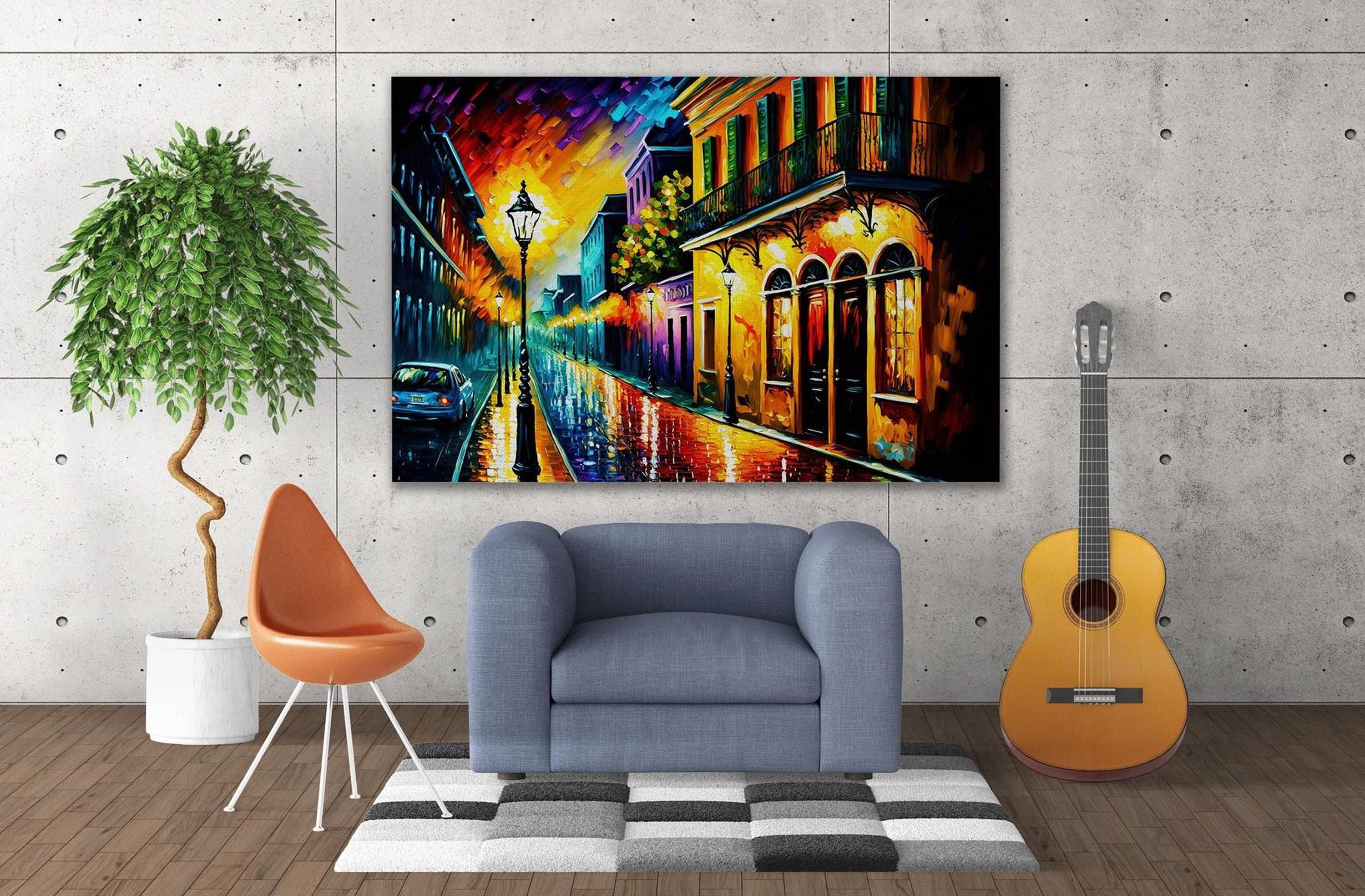 a modern living room with a large, colorful painting of a city street scene hanging on the wall. The painting features a vibrant display of buildings, street lamps, and cars, creating a lively and dynamic atmosphere. In the room, there is a blue armchair, a guitar, and a potted plant, adding to the cozy and inviting ambiance.