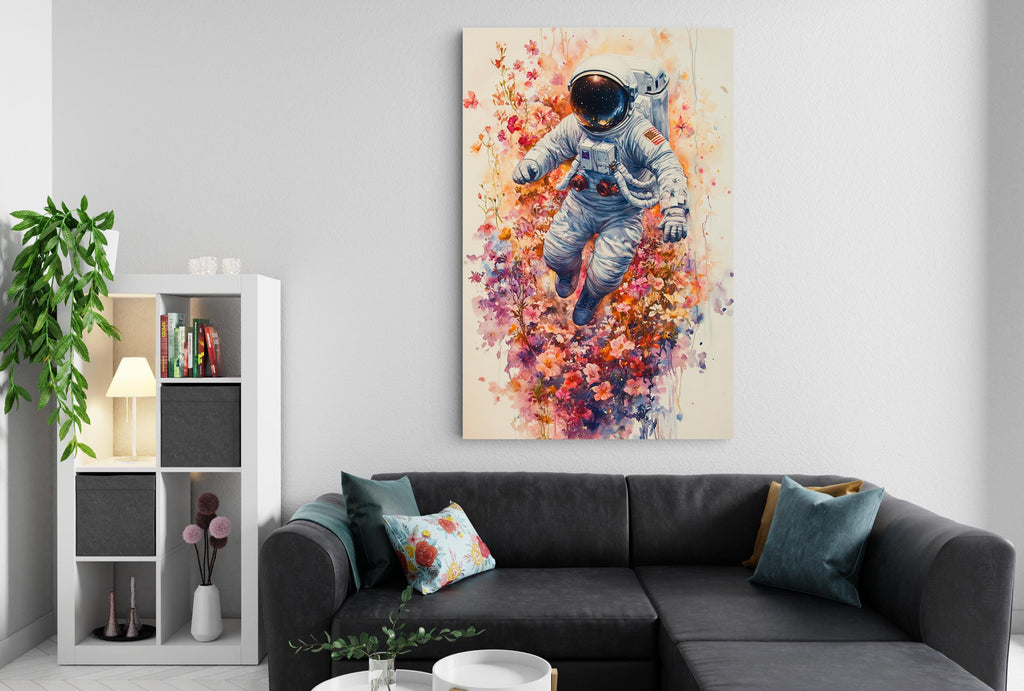 a cozy living room with a black sectional sofa, a bookshelf, and a large painting of an astronaut floating in a colorful flower field.