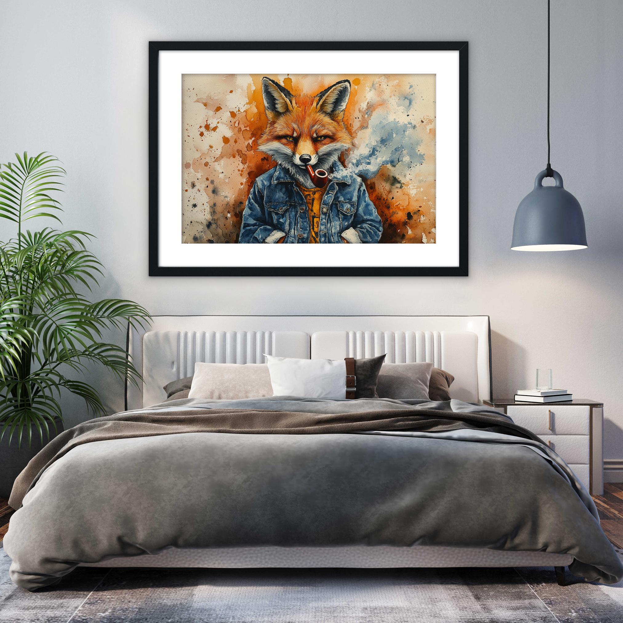 a bedroom with a large bed, a framed painting of a fox wearing a denim jacket, and a potted plant on the left side of the room.